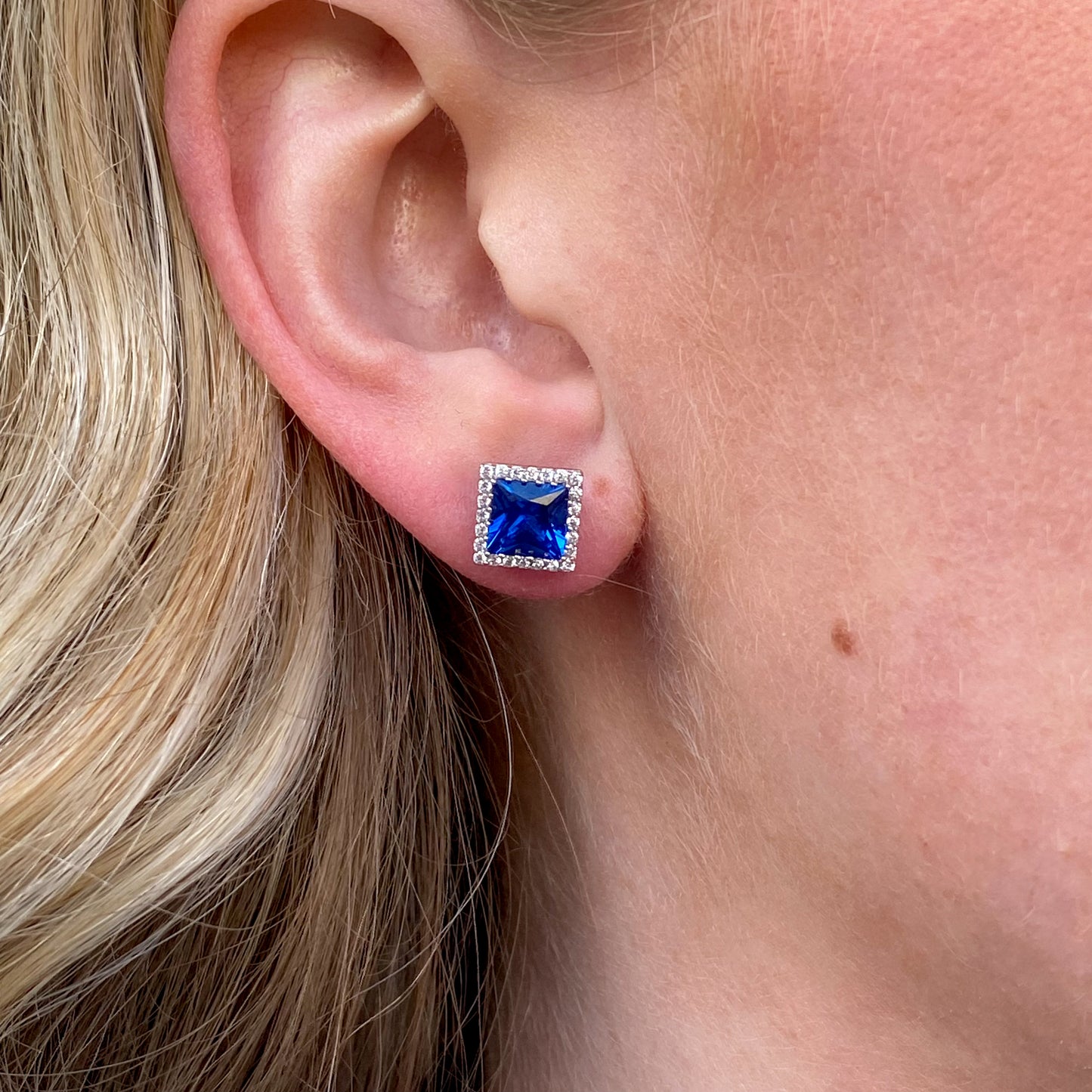 Silver Created Sapphire Square Halo Stud Earrings - John Ross Jewellers
