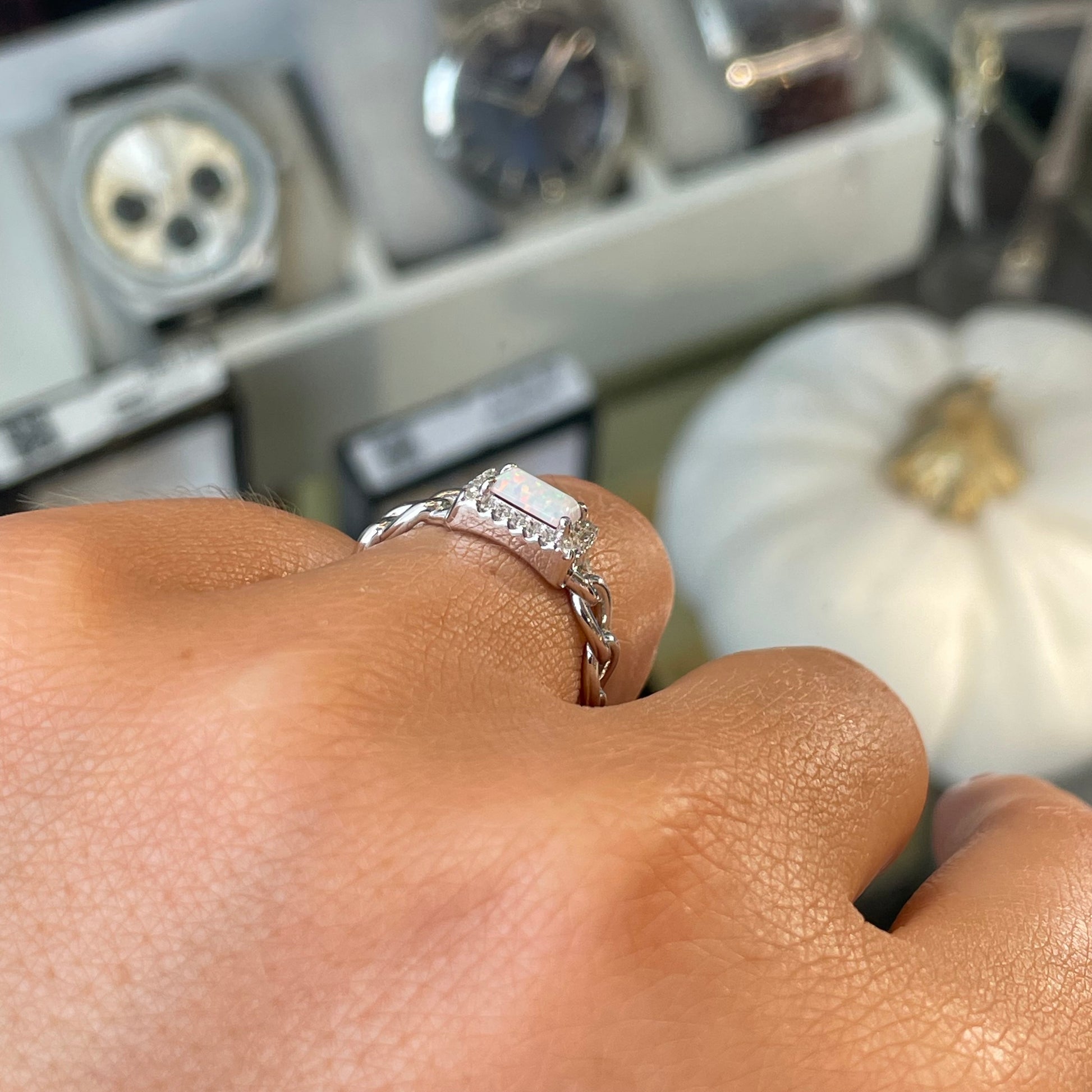 Silver Opal & CZ Chain Ring - John Ross Jewellers