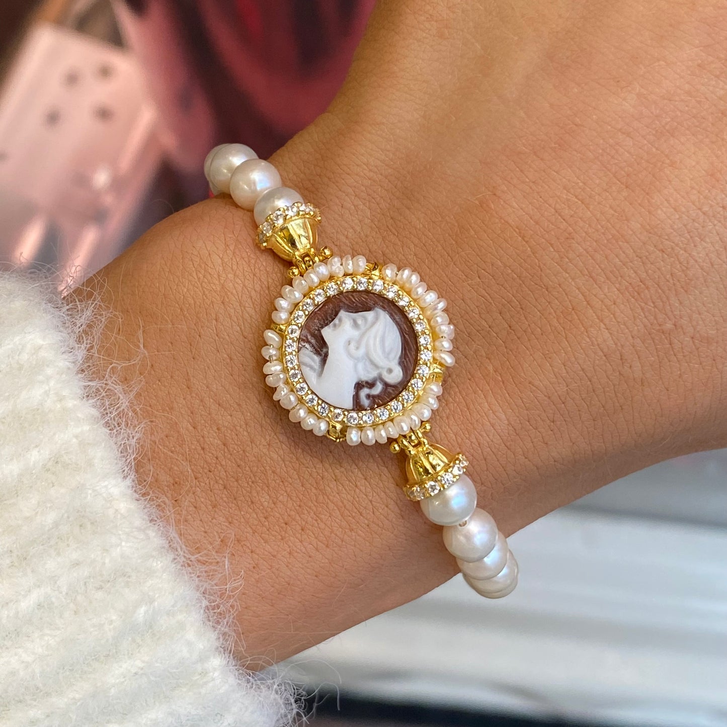 Lady Cameo, Pearl & CZ Bracelet