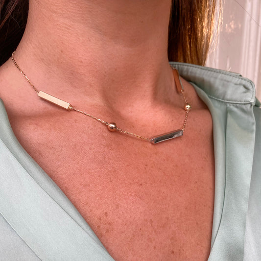 9ct Gold Three Tone Bar & Bead Necklace - John Ross Jewellers