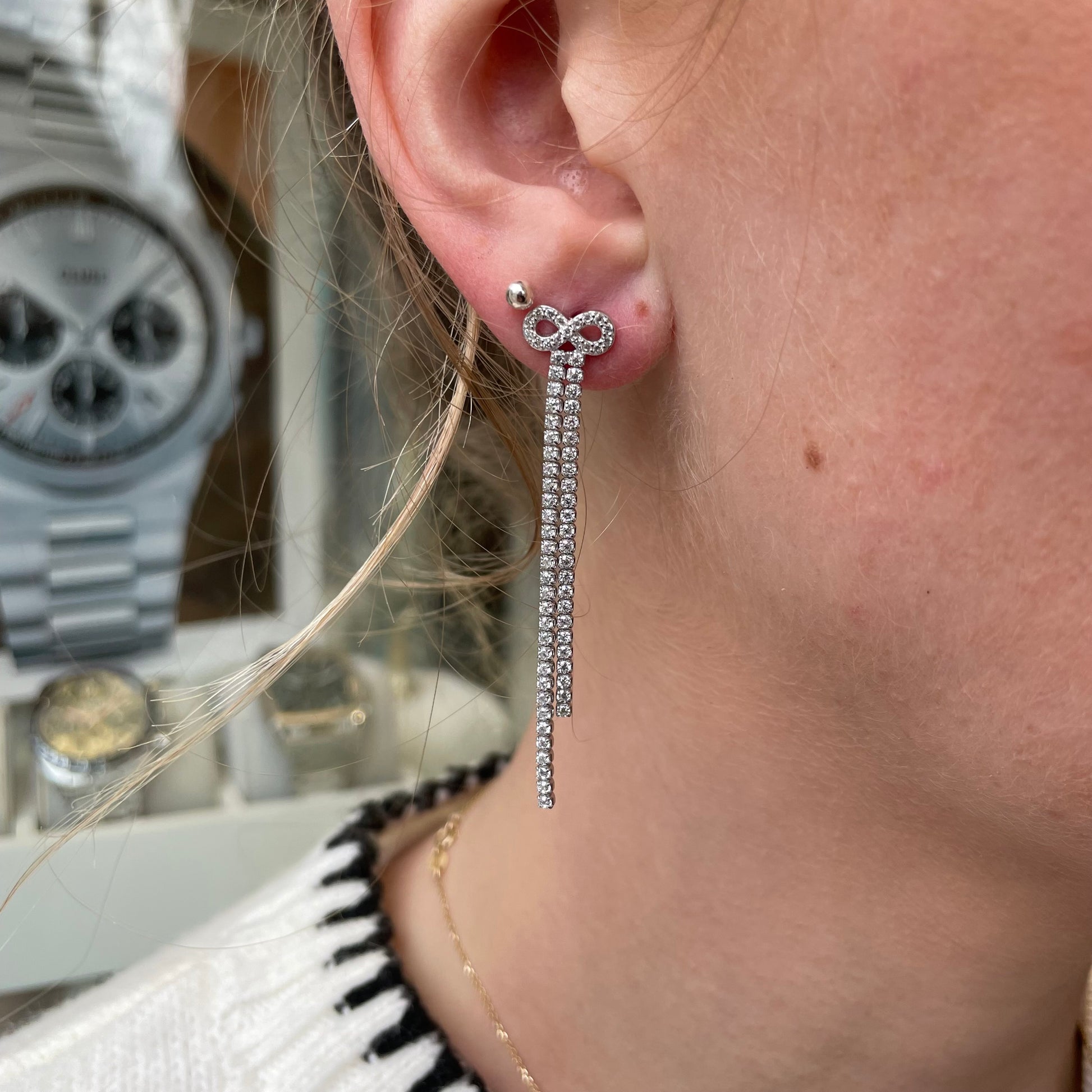 Silver CZ Long Bow Drop Earrings - John Ross Jewellers