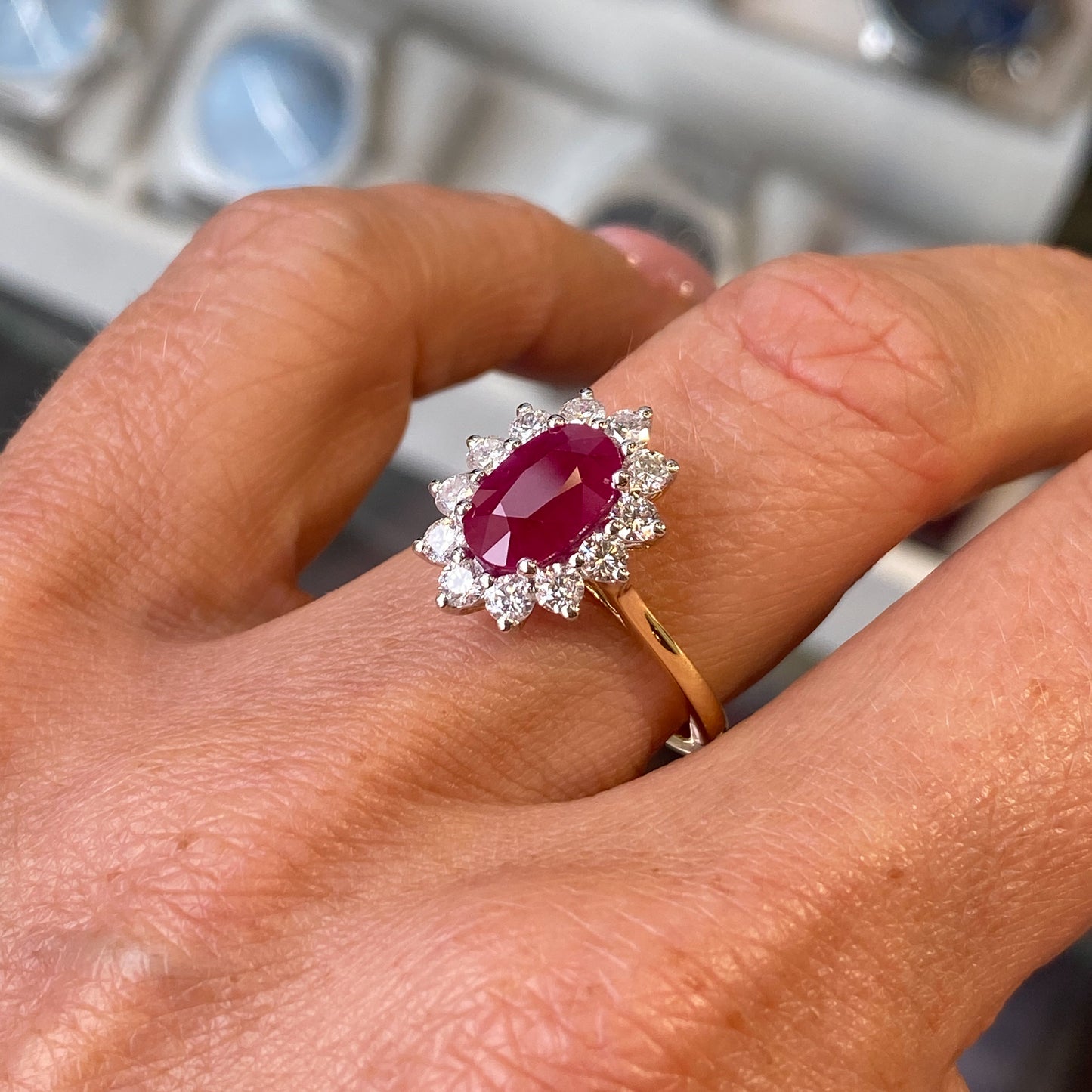 18ct Gold Ruby & Diamond Oval Cluster Ring - John Ross Jewellers