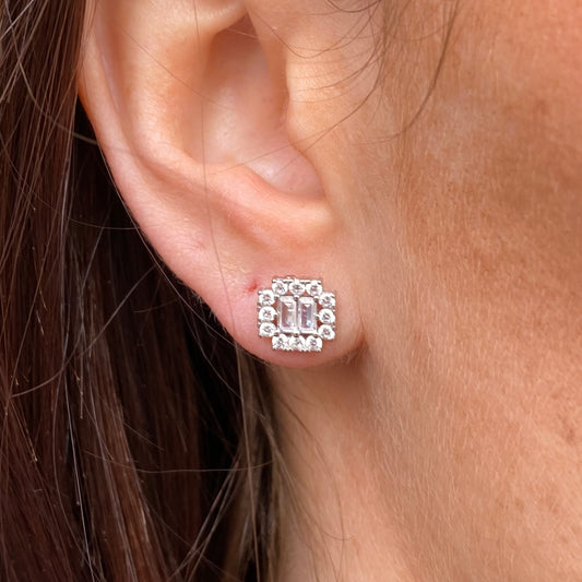 Silver Princess CZ Halo Stud Earrings