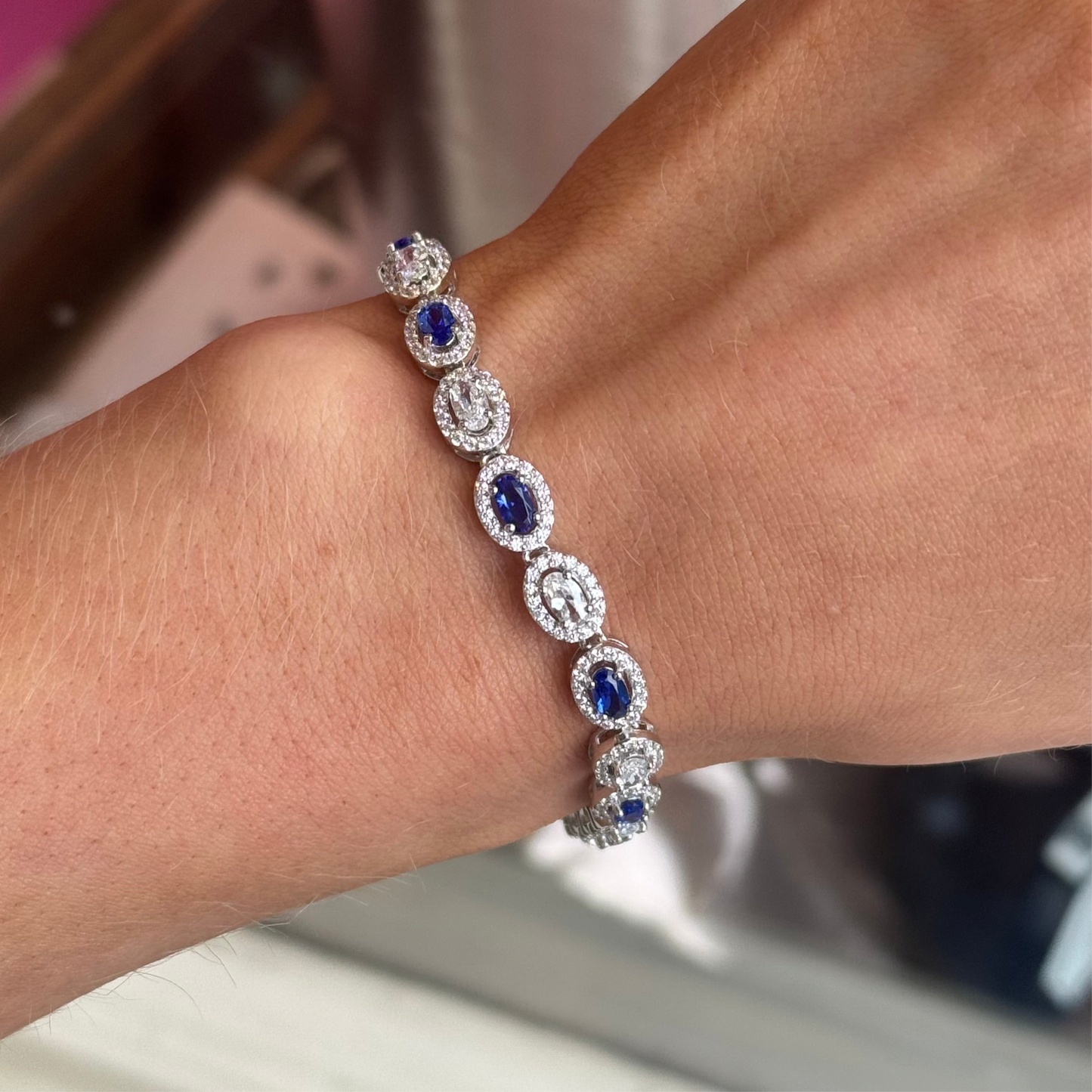 Silver Oval Halos CZ Line Bracelet | Sapphire Blue - John Ross Jewellers