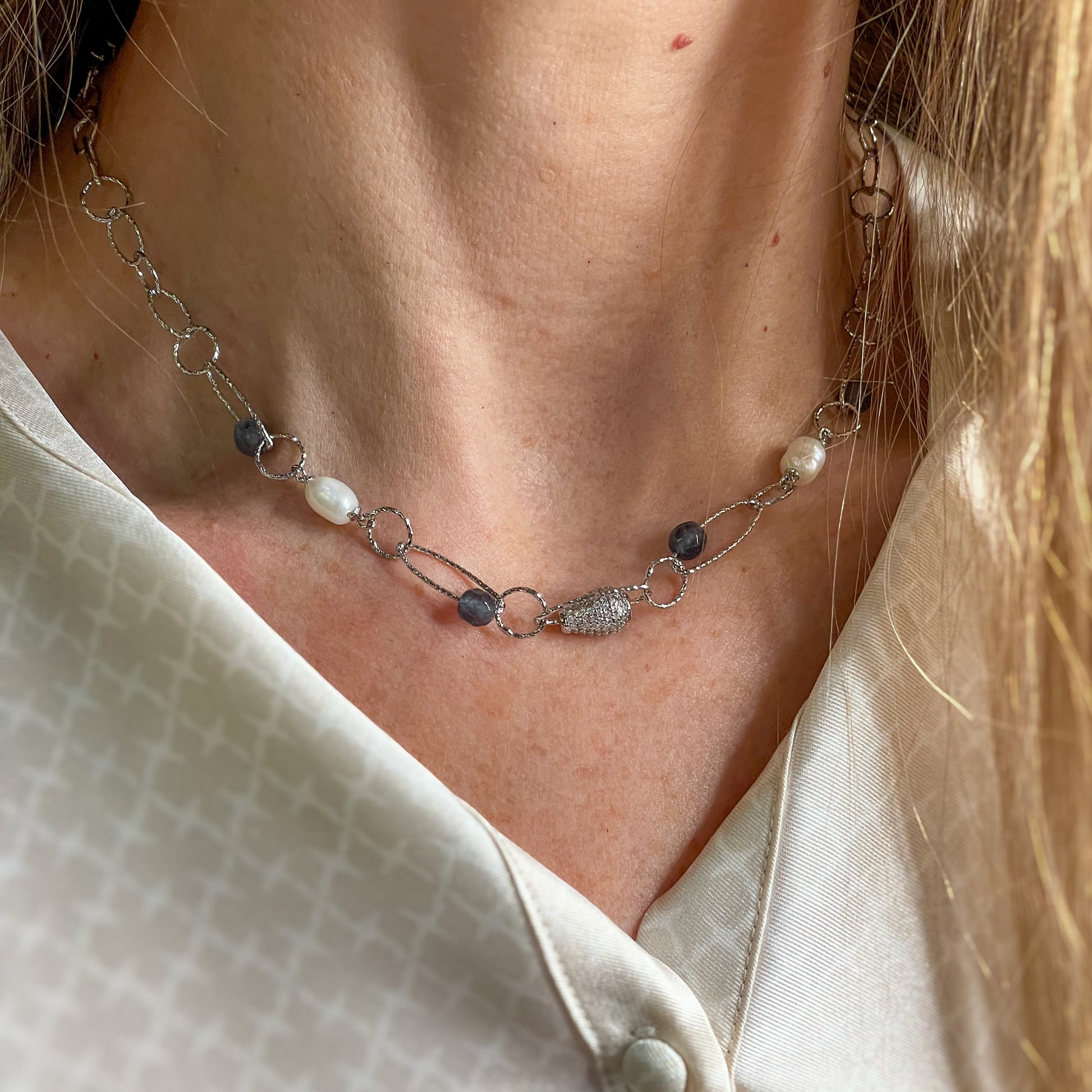 REBECCA Silver Tulip - Crystal, Freshwater Pearl & Denim Hot Stone Necklace - John Ross Jewellers