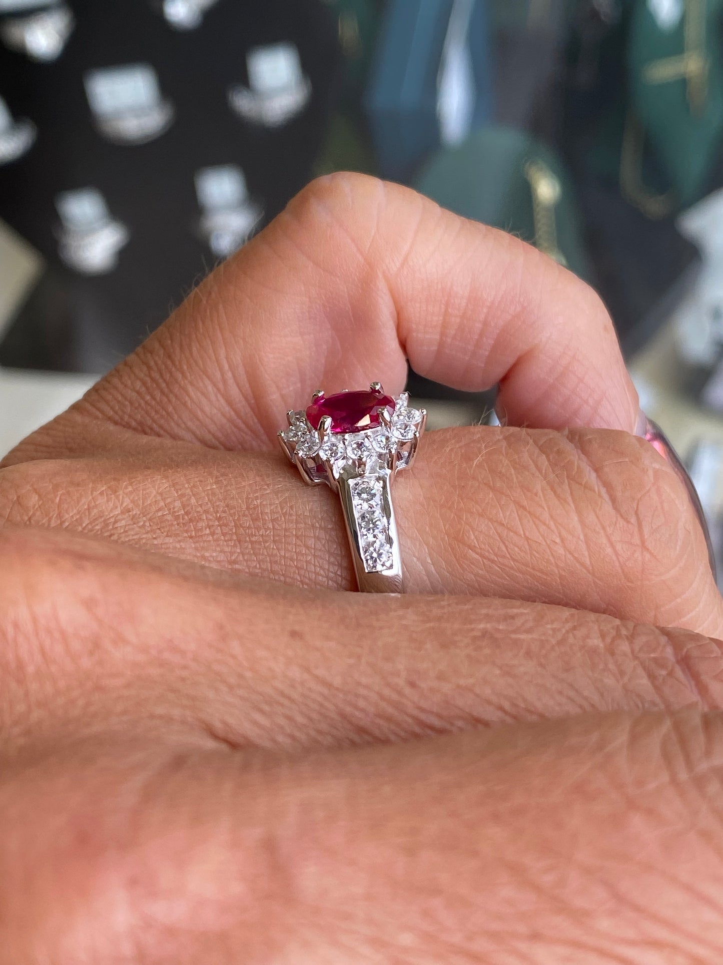 Silver Ruby Red Oval CZ Diana Ring with Shoulder