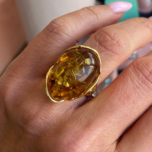 Bruno Lime Amber Nugget Ring featuring a large amber nugget set in a sleek band, close-up view of the jewelry piece.
