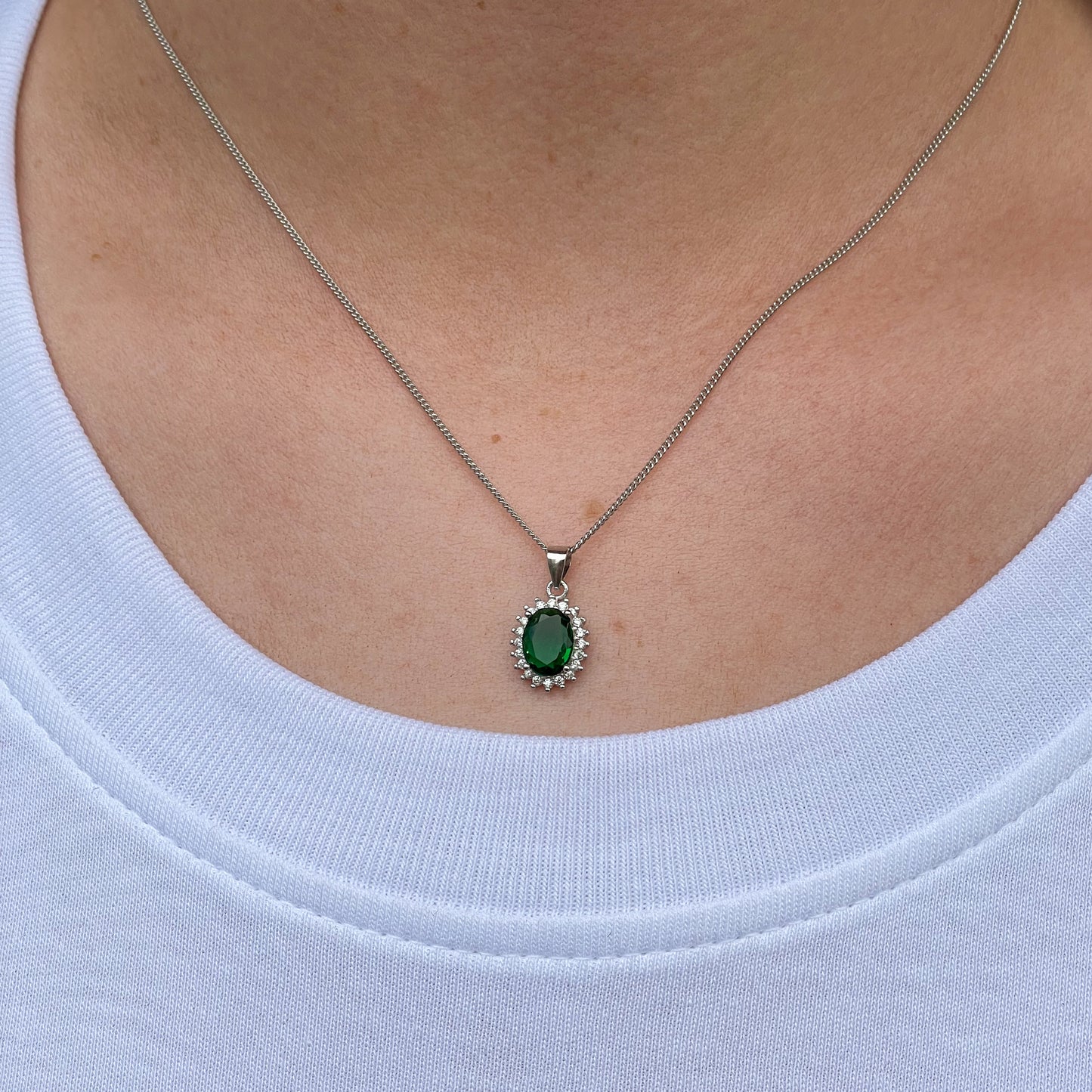 Silver CZ Oval Halo Earring & Necklace Set | Emerald Green