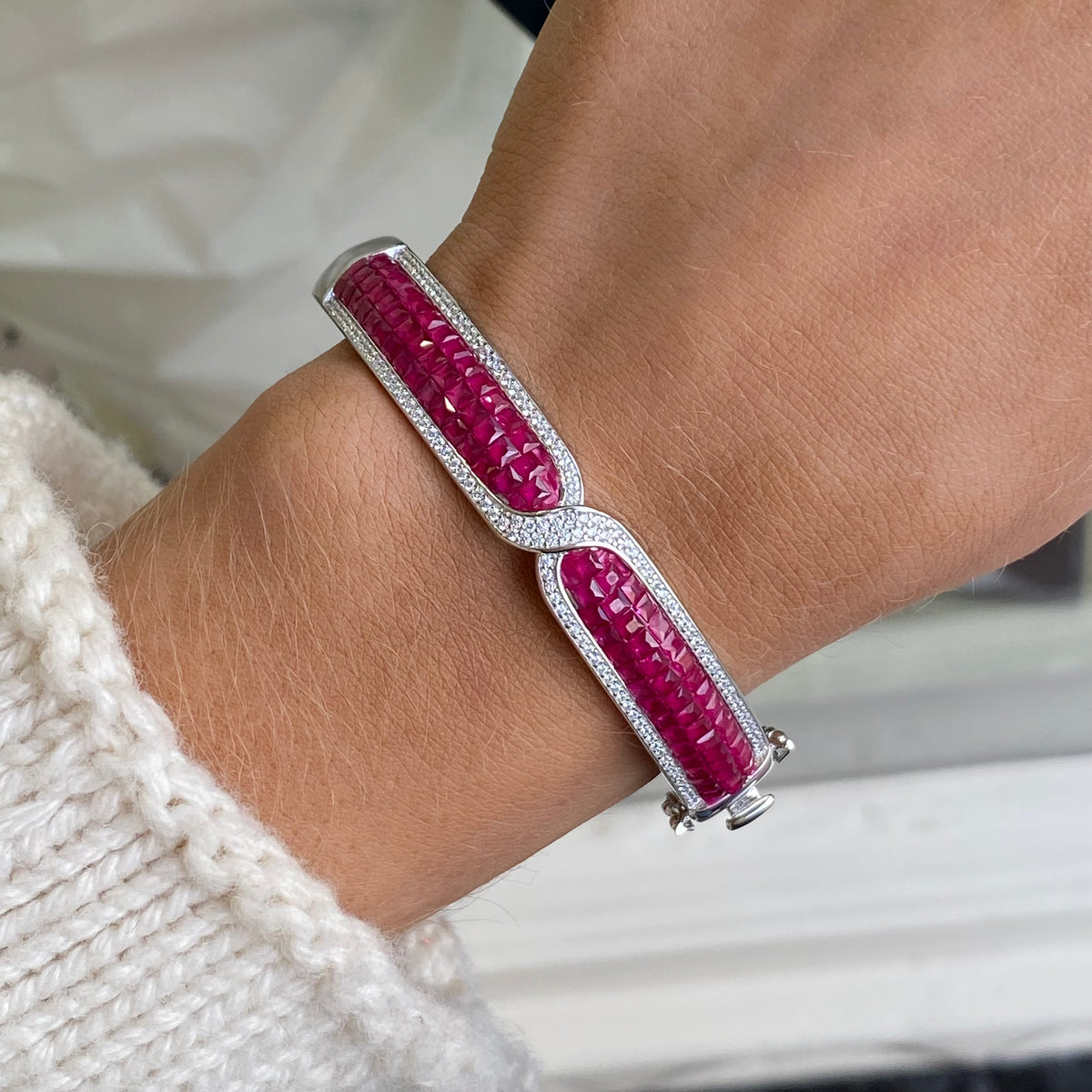 Silver CZ Crossover Bangle | Ruby Red