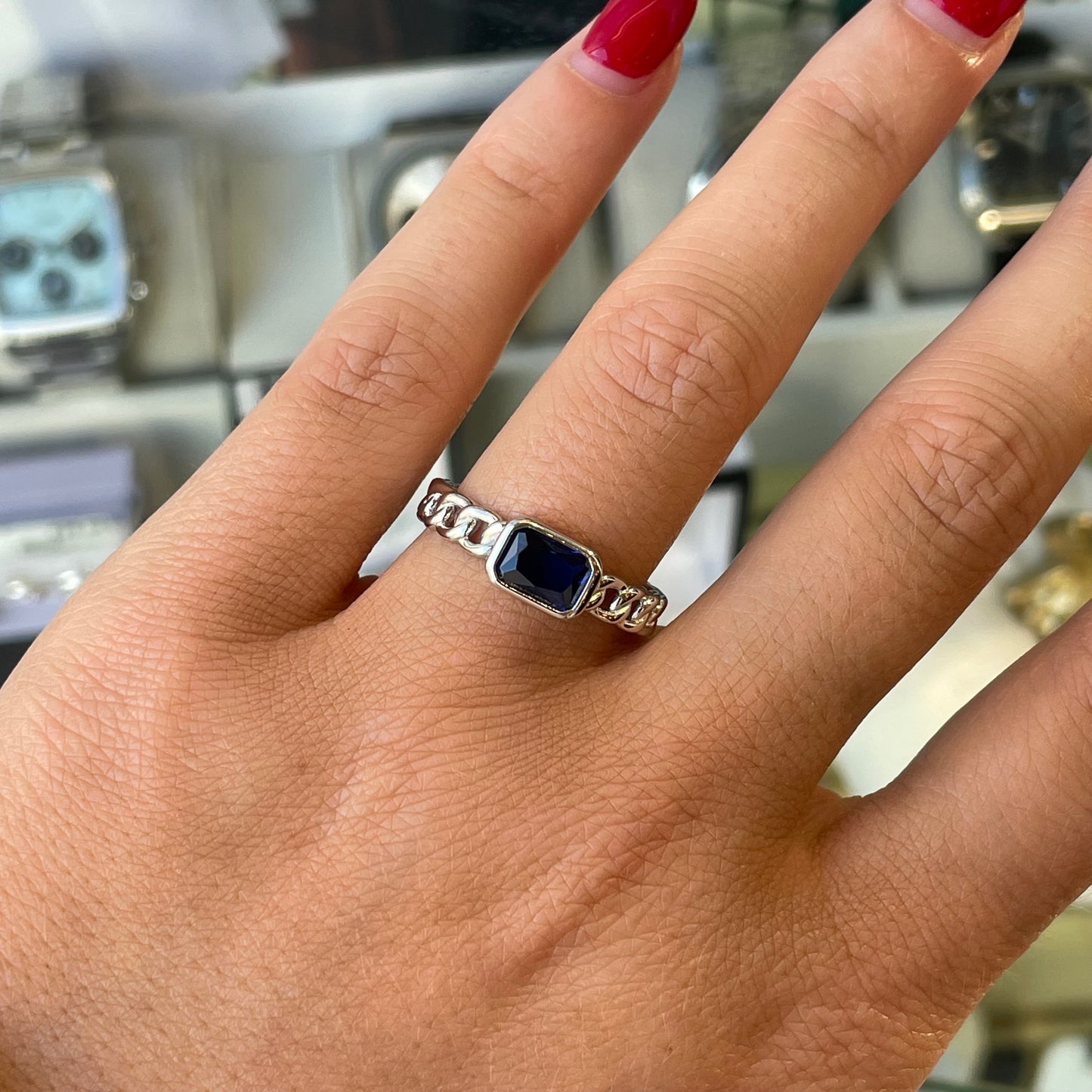 Silver Sapphire Blue CZ Chain Ring - John Ross Jewellers