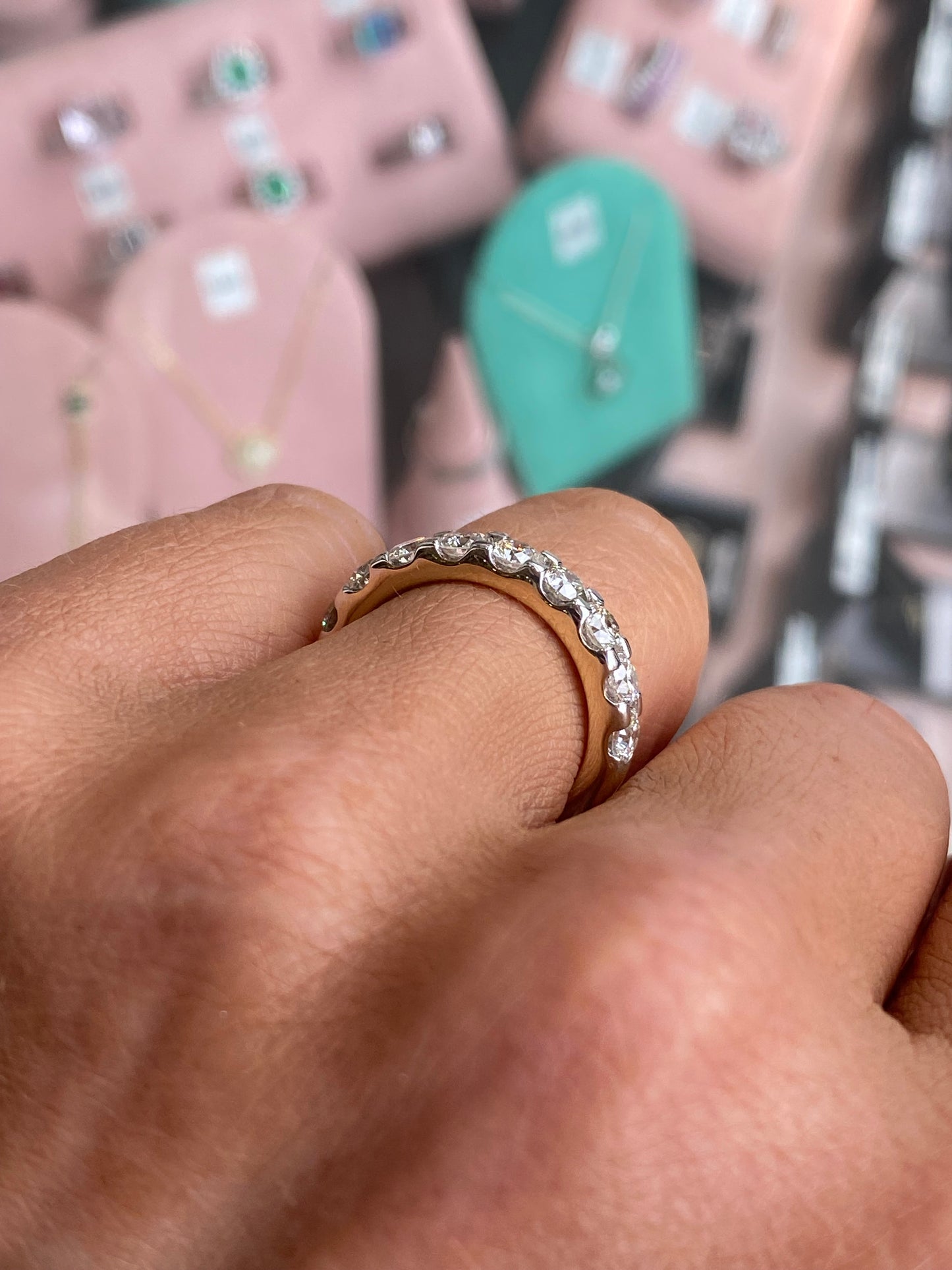 14ct gold diamond eternity ring by UJT with 1.65ct of sparkling diamonds, showcasing a continuous circle of brilliance.