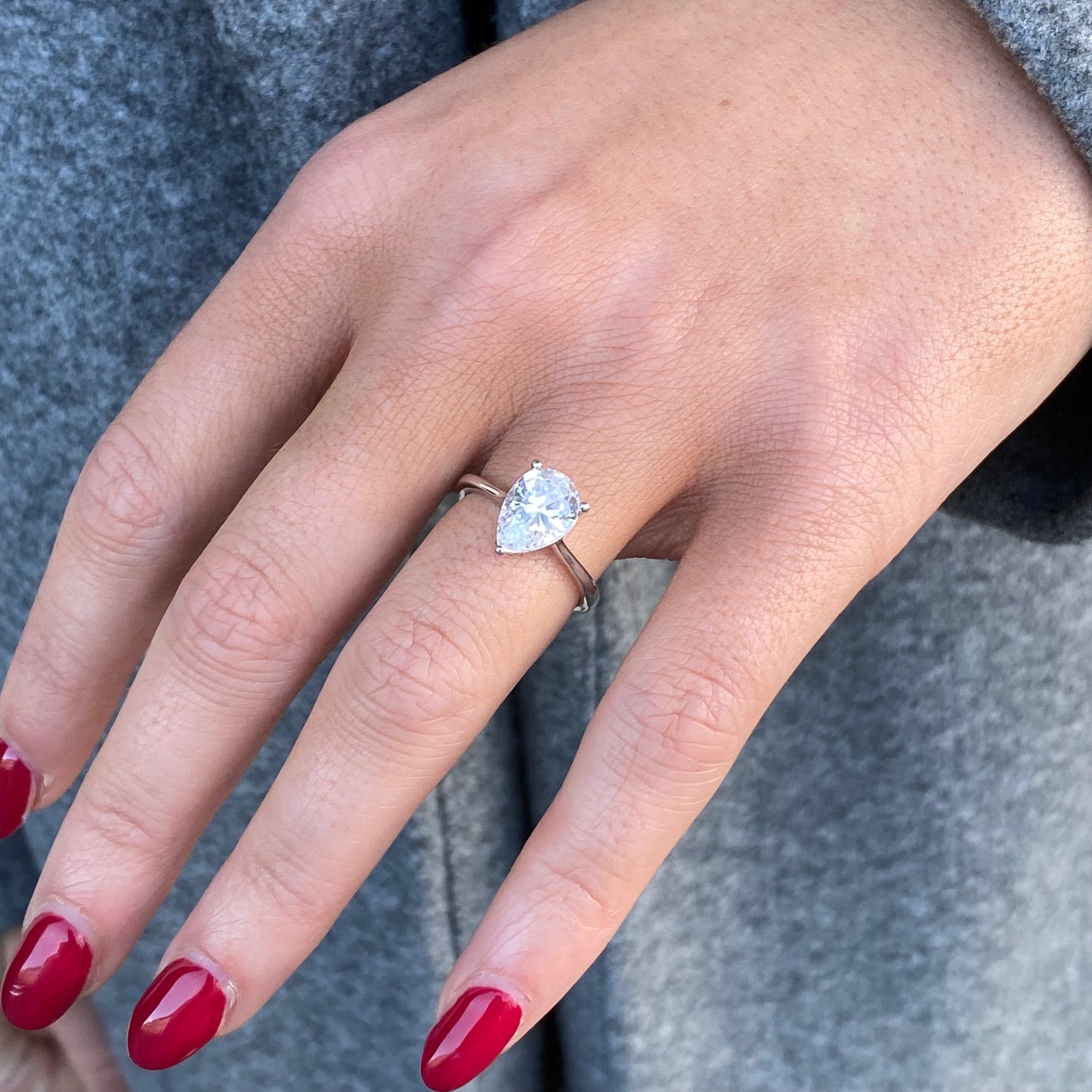 Silver Pear CZ Solitaire Ring