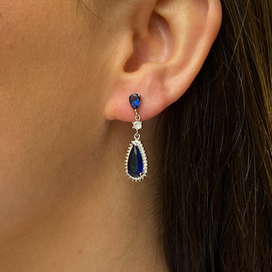 Silver CZ Pear Earring and Necklace Set | Sapphire Blue