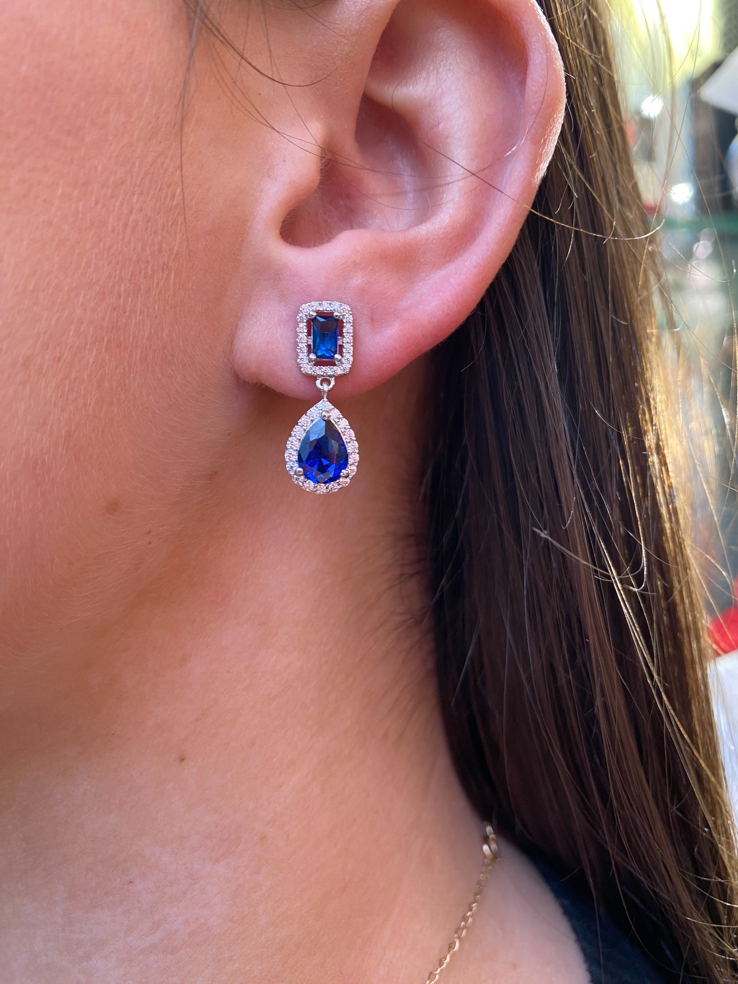 Silver Pear & Radiant Halo CZ Drop Earrings | Blue