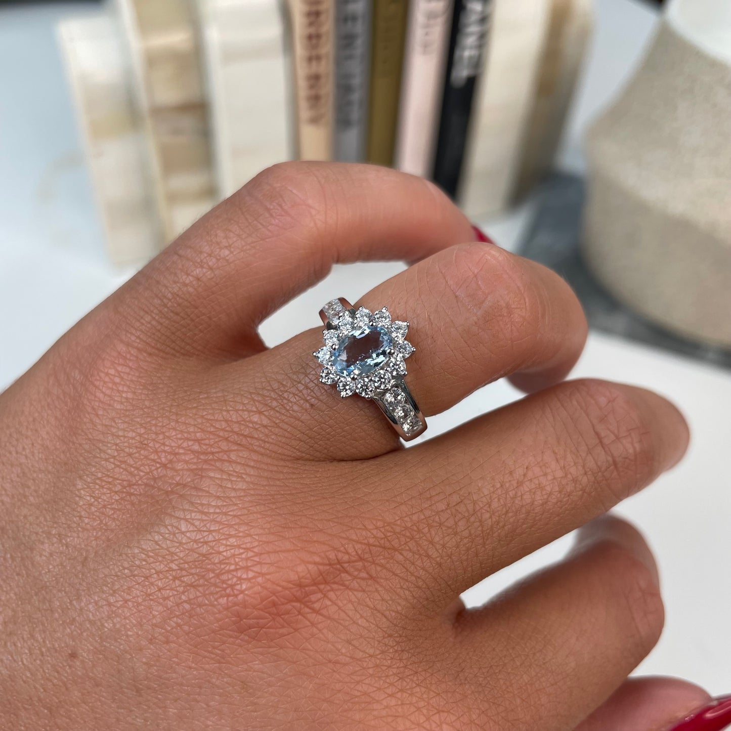 Silver Aqua CZ Diana Ring with Shoulders - John Ross Jewellers