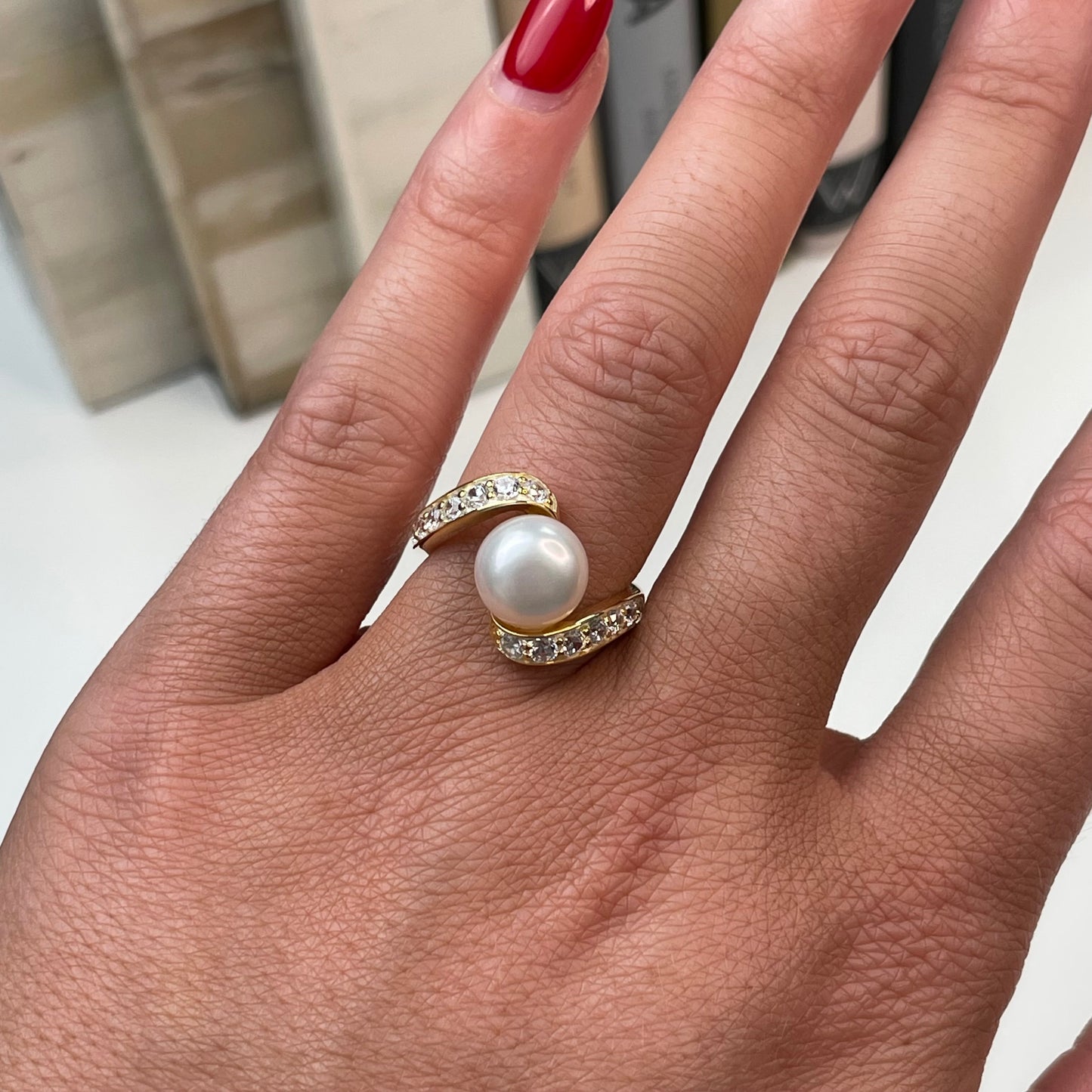 Sunshine Freshwater Pearl & CZ Crossover Ring | 9mm - John Ross Jewellers