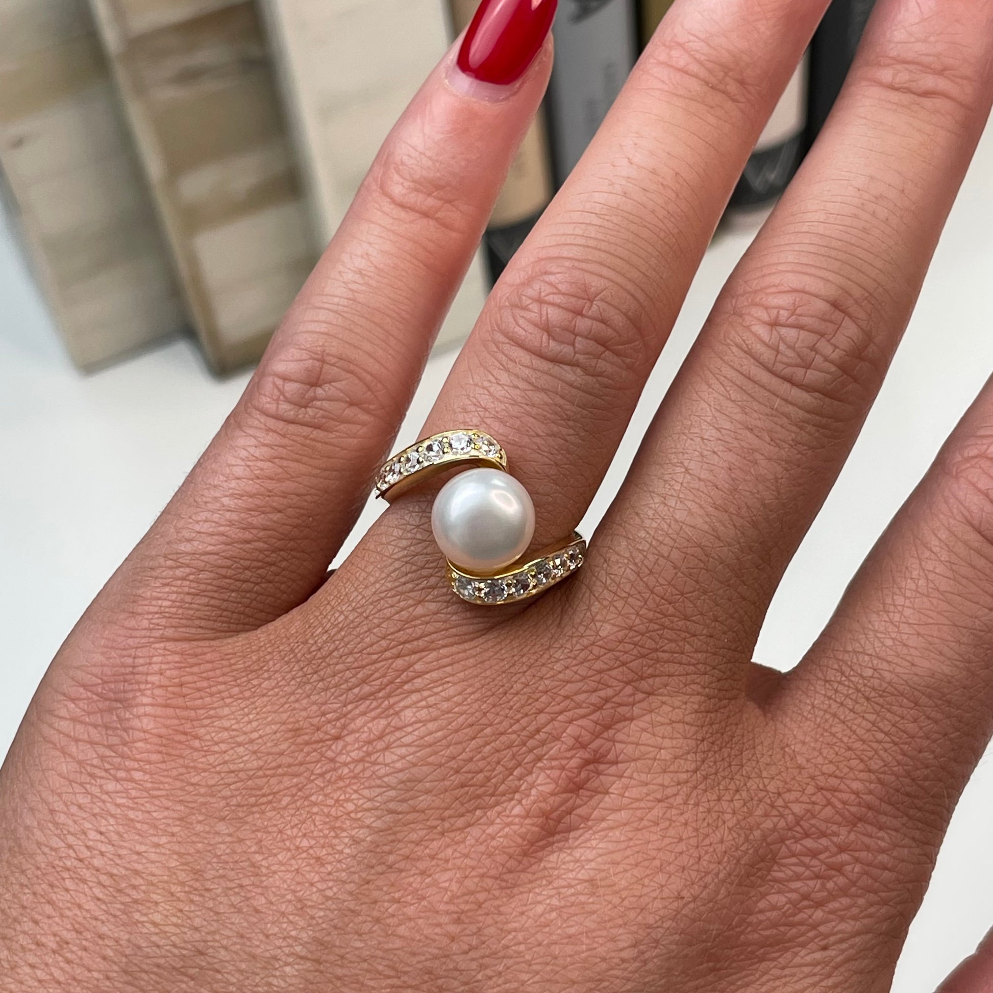 Sunshine Freshwater Pearl & CZ Crossover Ring | 9mm - John Ross Jewellers