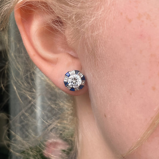 Silver Round CZ Stud Earrings | C Flawless | Sapphire Blue