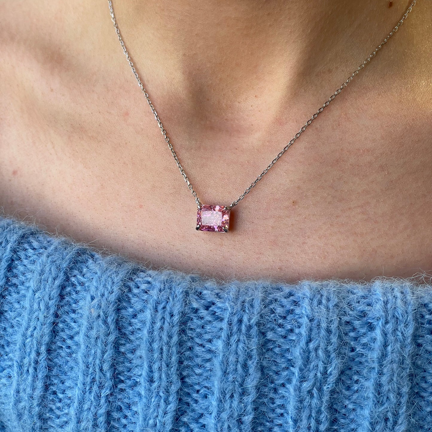 Silver Side To Side CZ Necklace | Vivid Pink 40+5cm - John Ross Jewellers