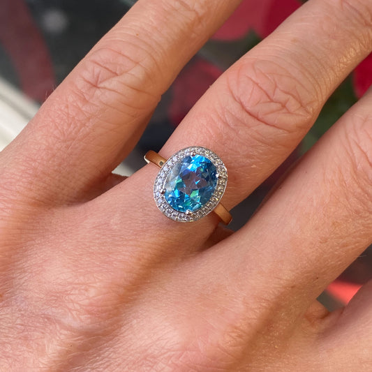 9ct Gold Blue Topaz & CZ Oval Cluster Ring - John Ross Jewellers