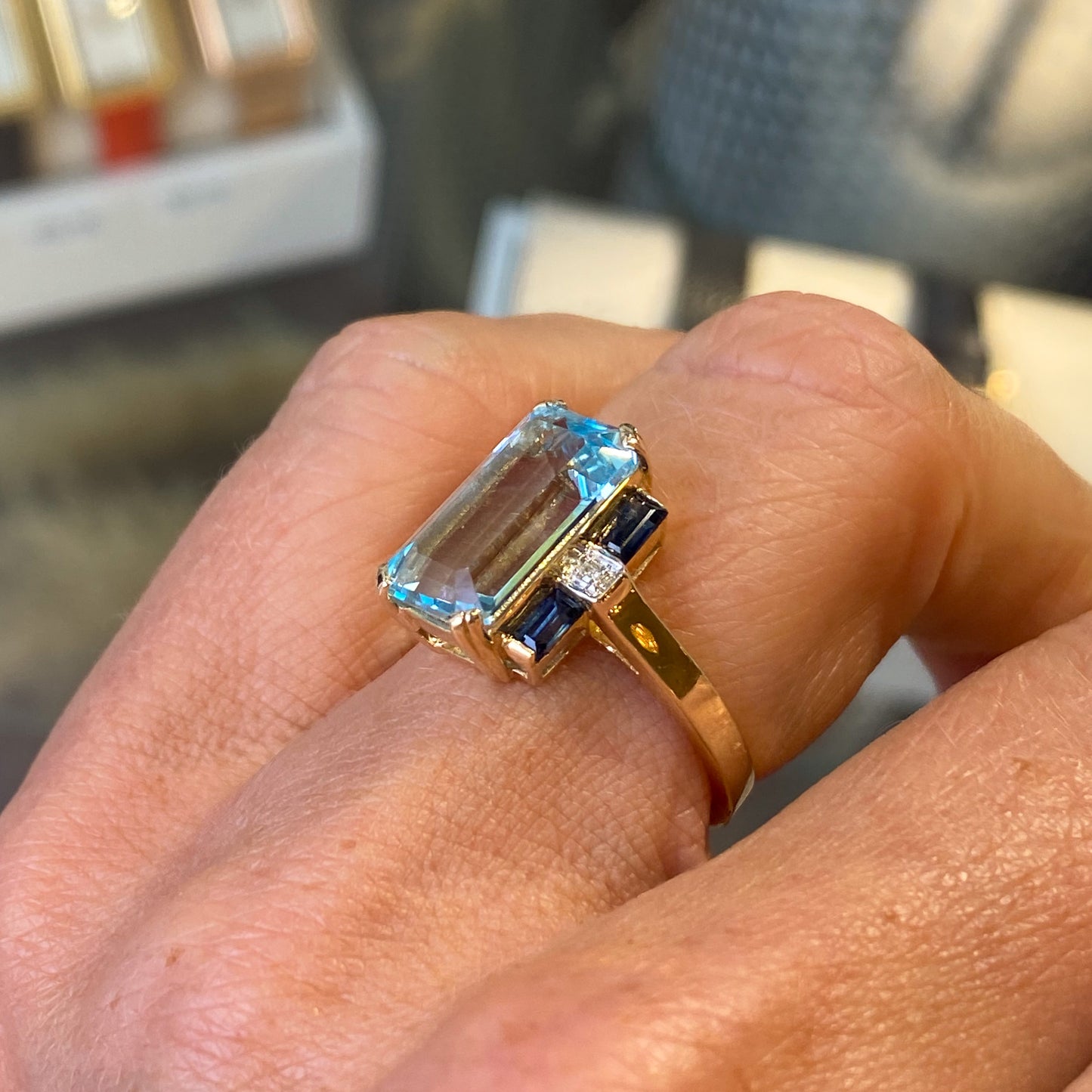 9ct Gold Blue Topaz, Sapphire & Diamond Deco Ring - John Ross Jewellers