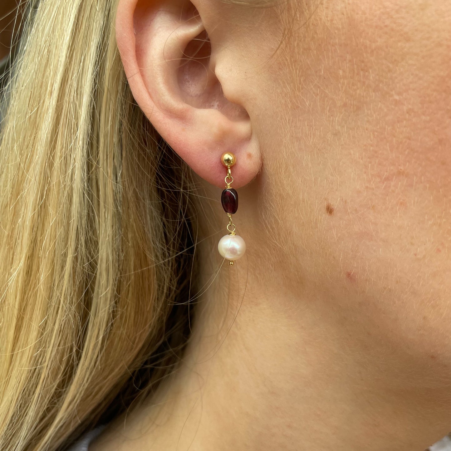 18ct Gold Silky Garnet & Pearl Drop Earrings - John Ross Jewellers