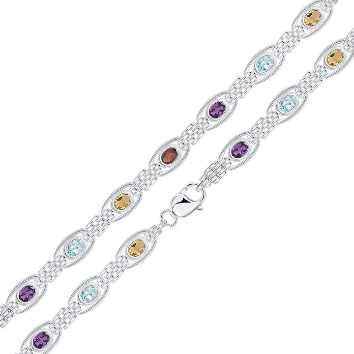 Silver mixed gemstone gate bracelet by Herbert featuring a 7.5-inch design with colorful gemstone accents and intricate metalwork.