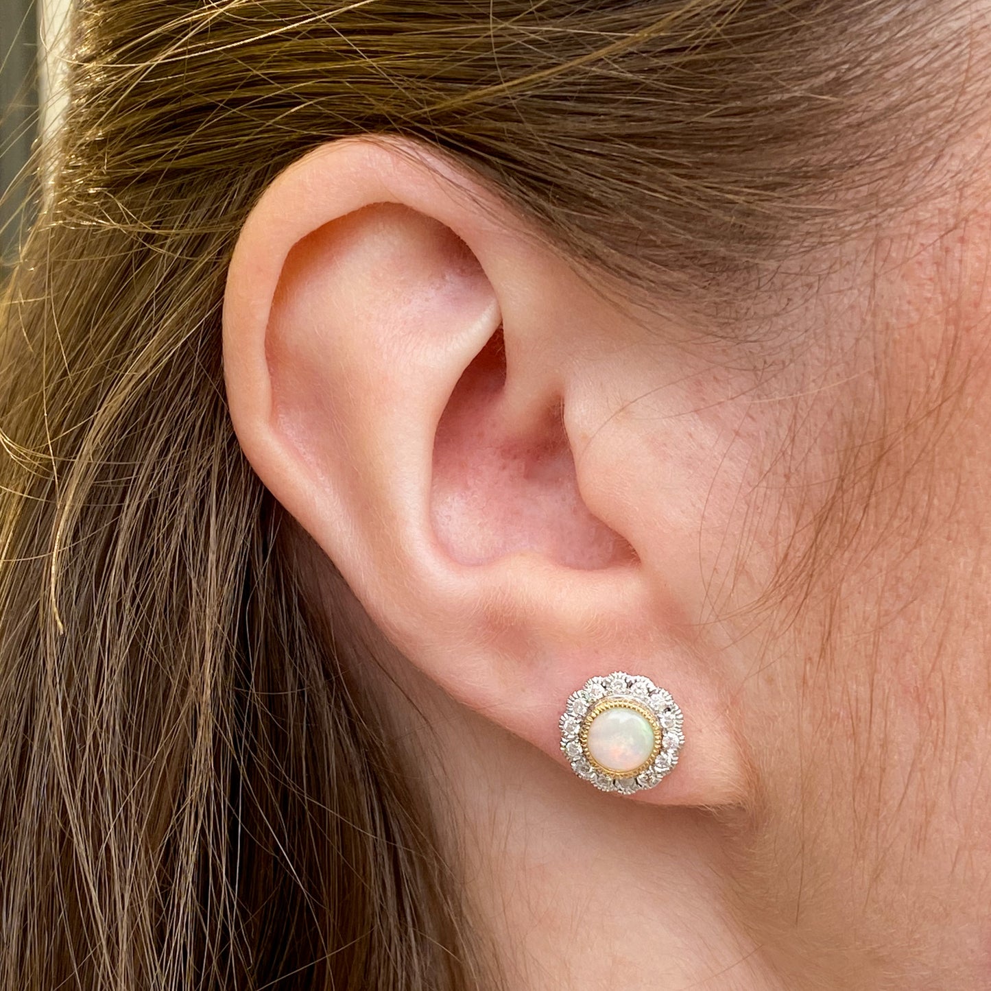 9ct Gold Gem Opal & Diamond Round Stud Earrings - John Ross Jewellers