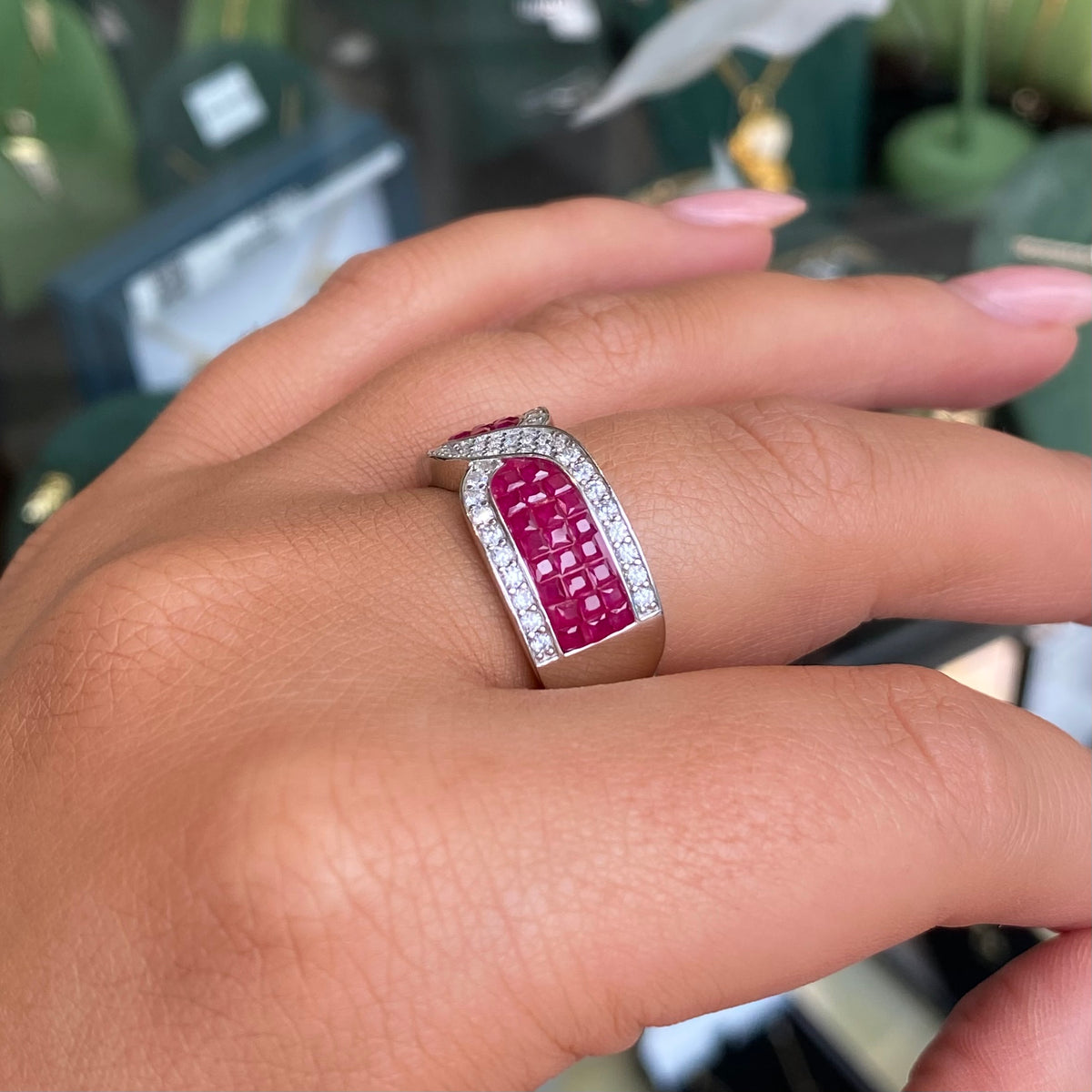 Silver Crossover CZ Ring | Ruby Red
