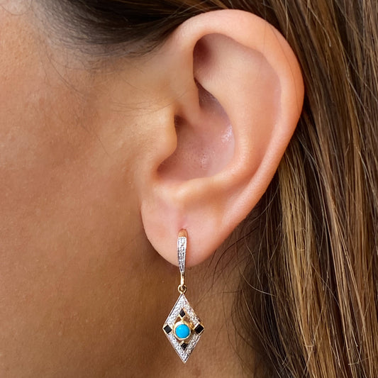 9ct Gold Turquoise, Onyx & Diamond Kite Drop Earrings - John Ross Jewellers