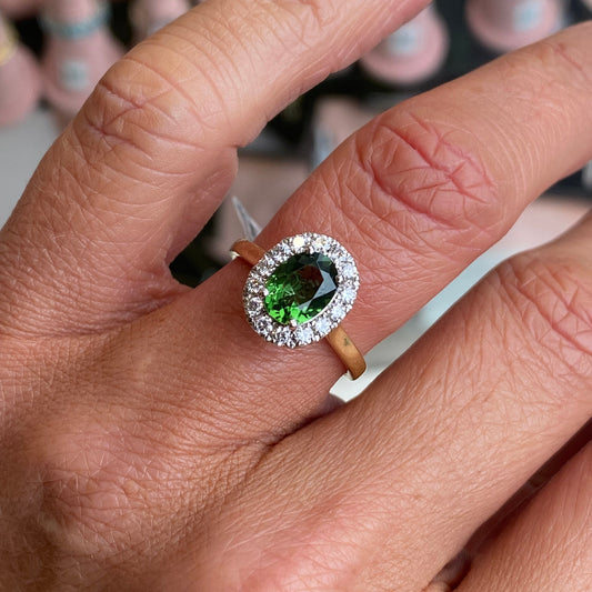 18ct gold chrome tourmaline and diamond ring by FEU, featuring a vibrant gemstone and sparkling accents in a stylish design.