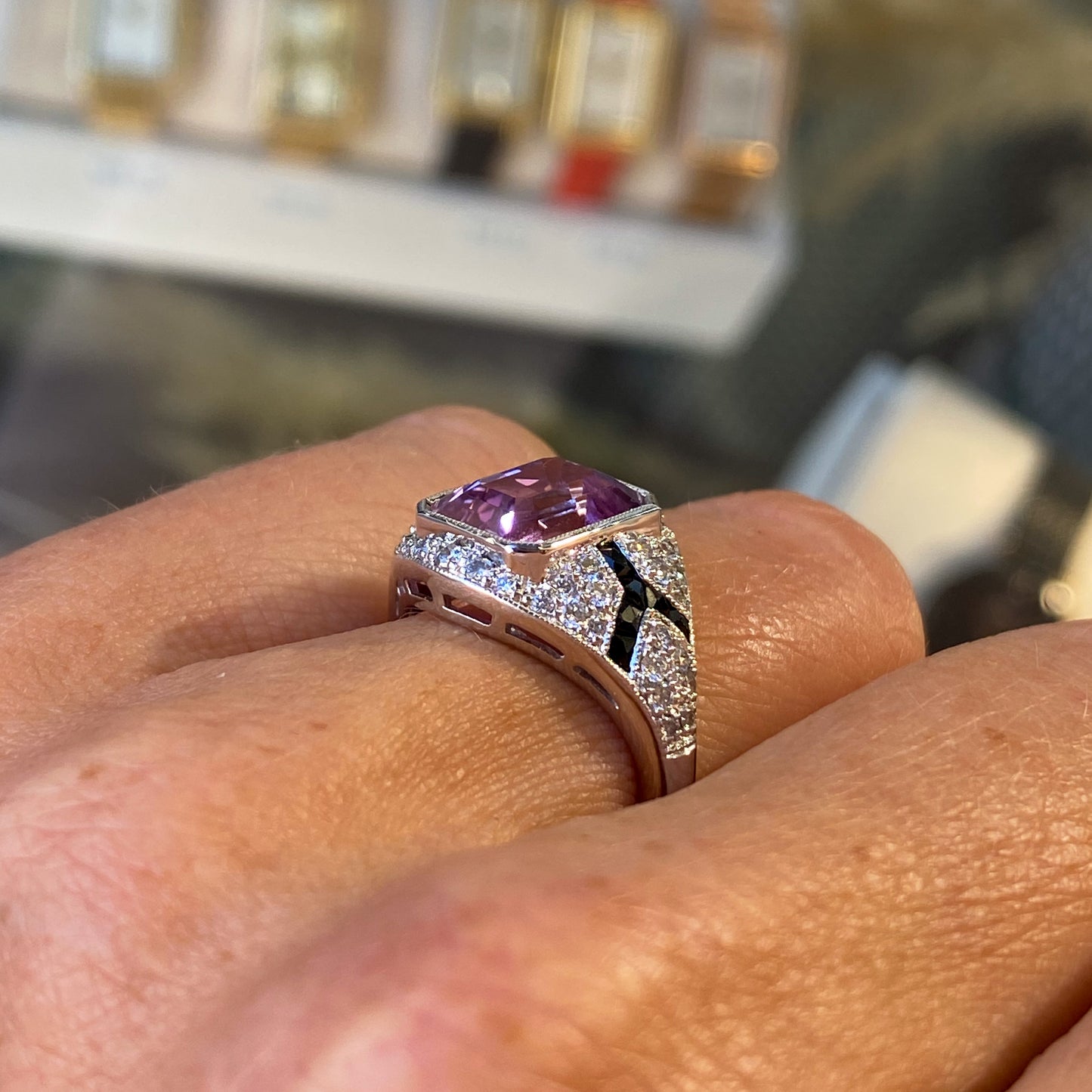 18ct White Gold Kunzite, Onyx & Diamond Ring - John Ross Jewellers