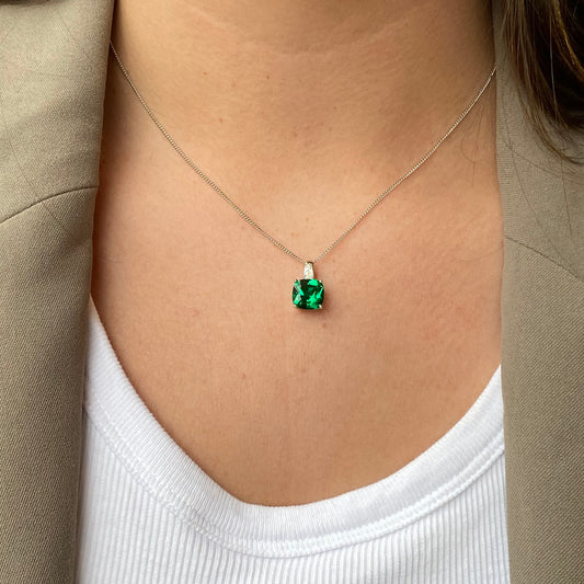 Silver 9mm Cushion CZ Necklace | Emerald Green - John Ross Jewellers