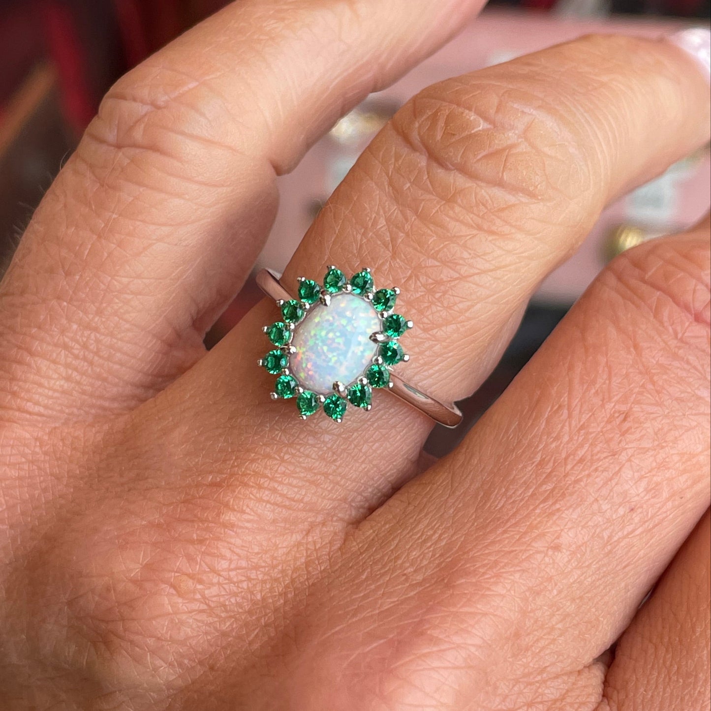 Silver Oval Diana Cluster Ring | Opalique & Emerald Green