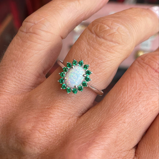 Silver Oval Diana Cluster Ring | Opalique & Emerald Green
