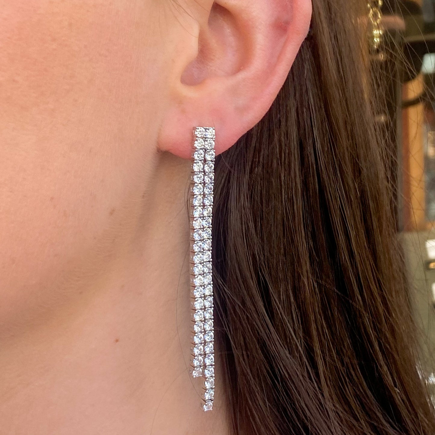 Silver Two Row CZ Long Drop Earrings - John Ross Jewellers