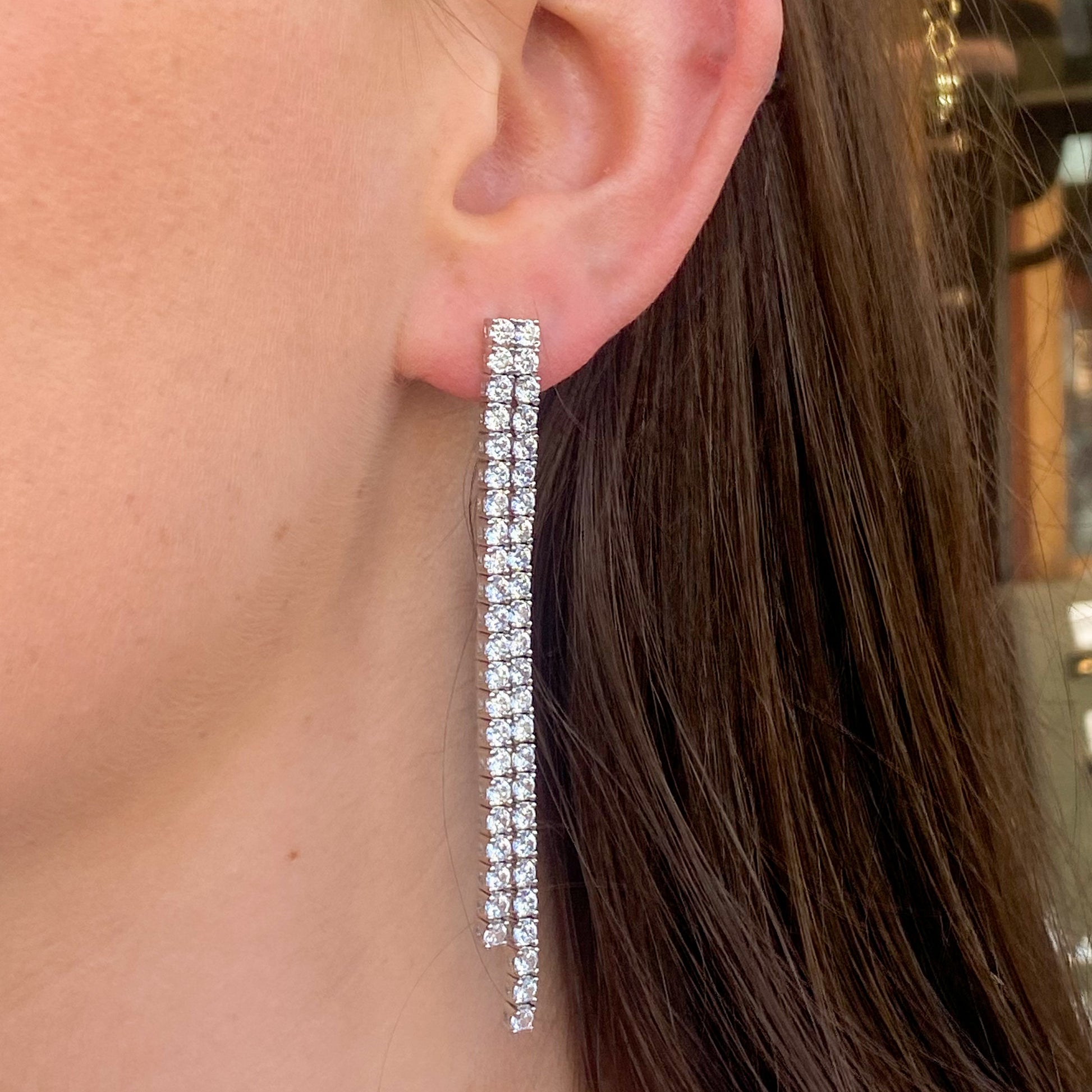 Silver Two Row CZ Long Drop Earrings - John Ross Jewellers