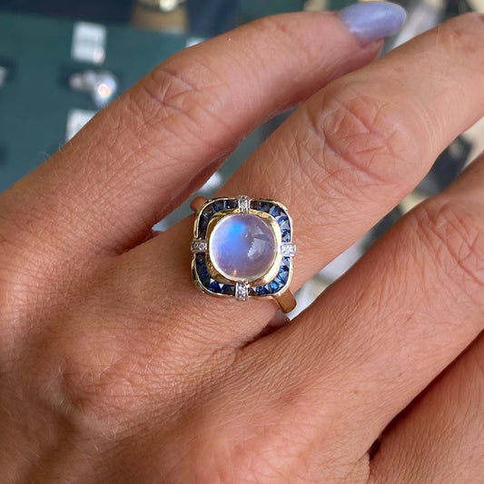 9ct Gold Rainbow Blue Moonstone, Sapphire & Diamond Ring