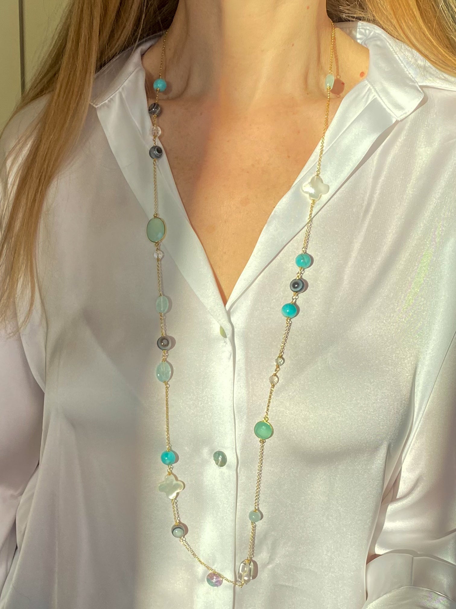 Amazonite, Banded Agate, Quartz & Mother of Pearl Necklace | 106cm - John Ross Jewellers