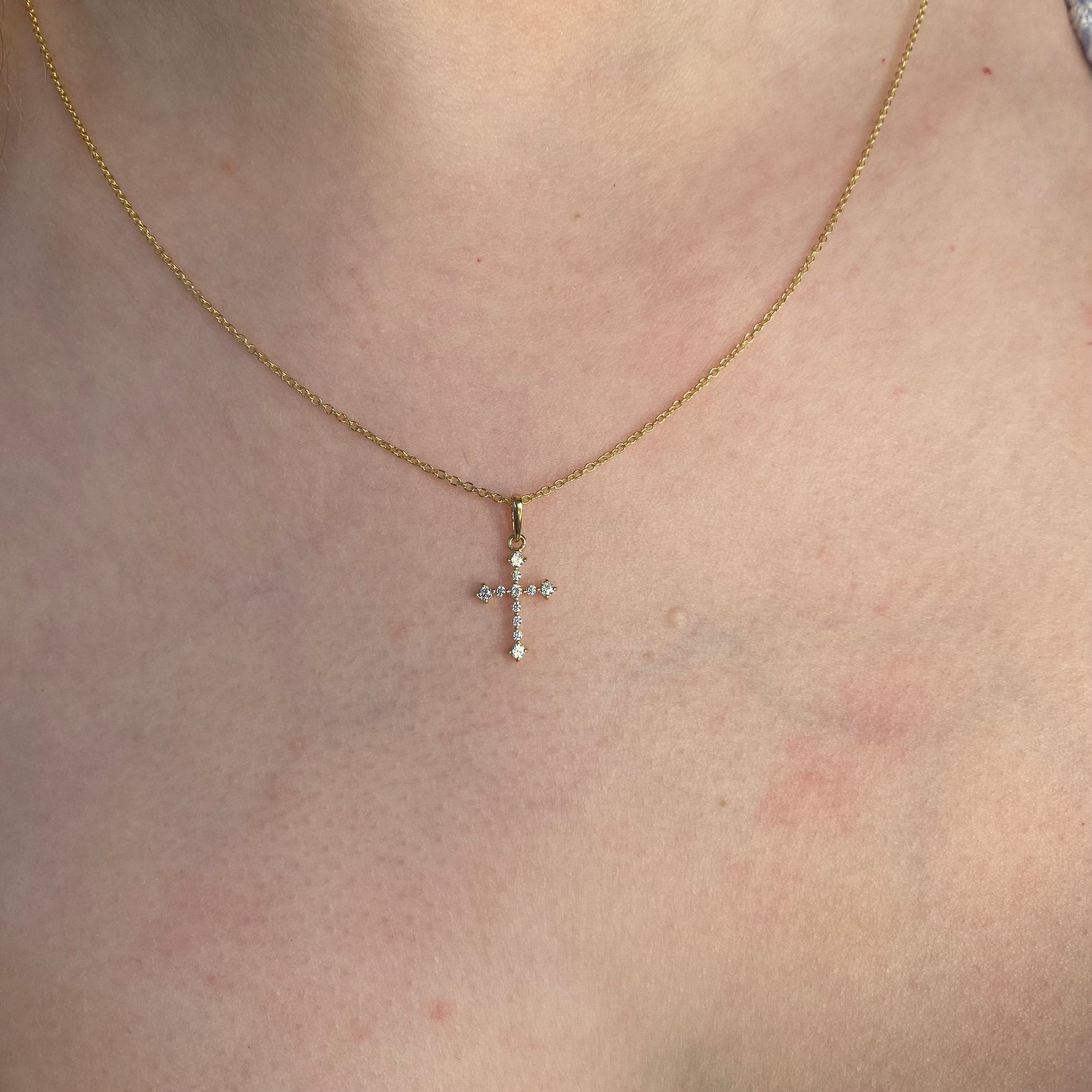 Small 9ct gold CZ Orthodox cross pendant necklace by THC, featuring intricate design and a polished finish.
