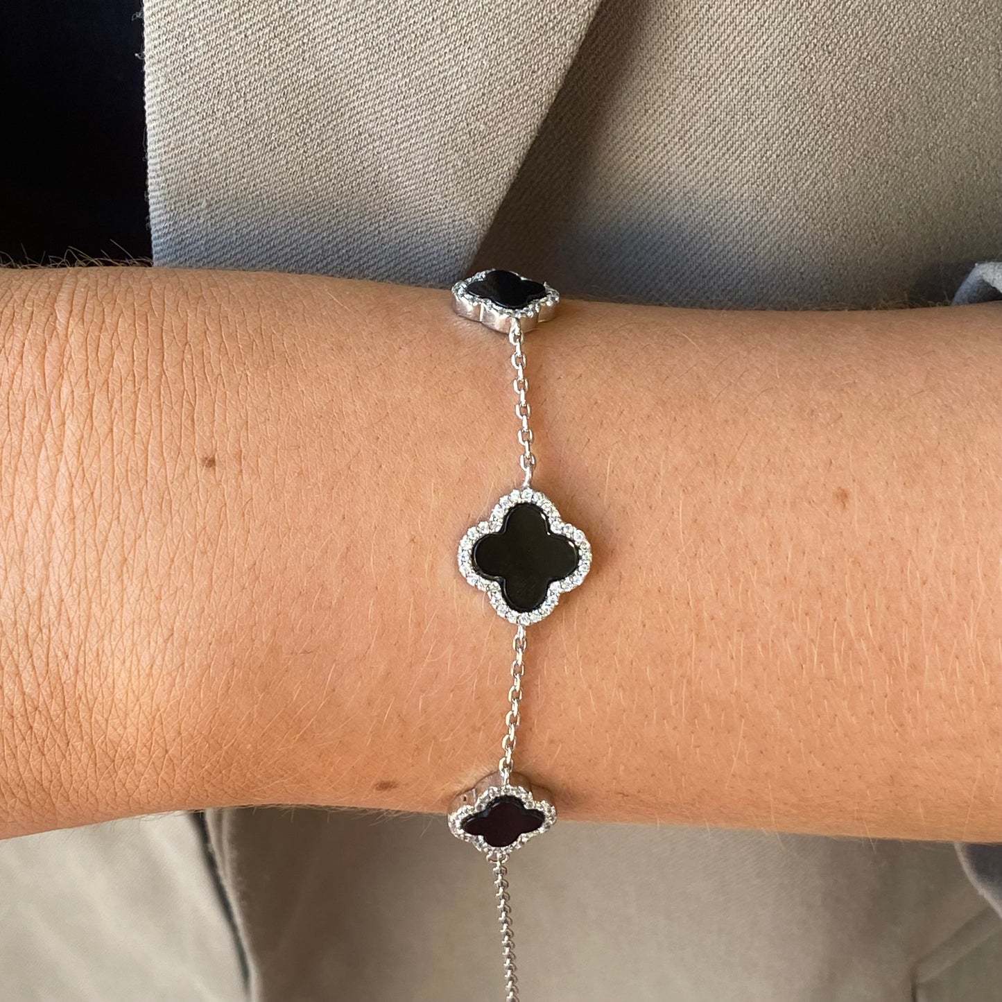 Silver CZ Bracelet | Onyx Quatrefoil