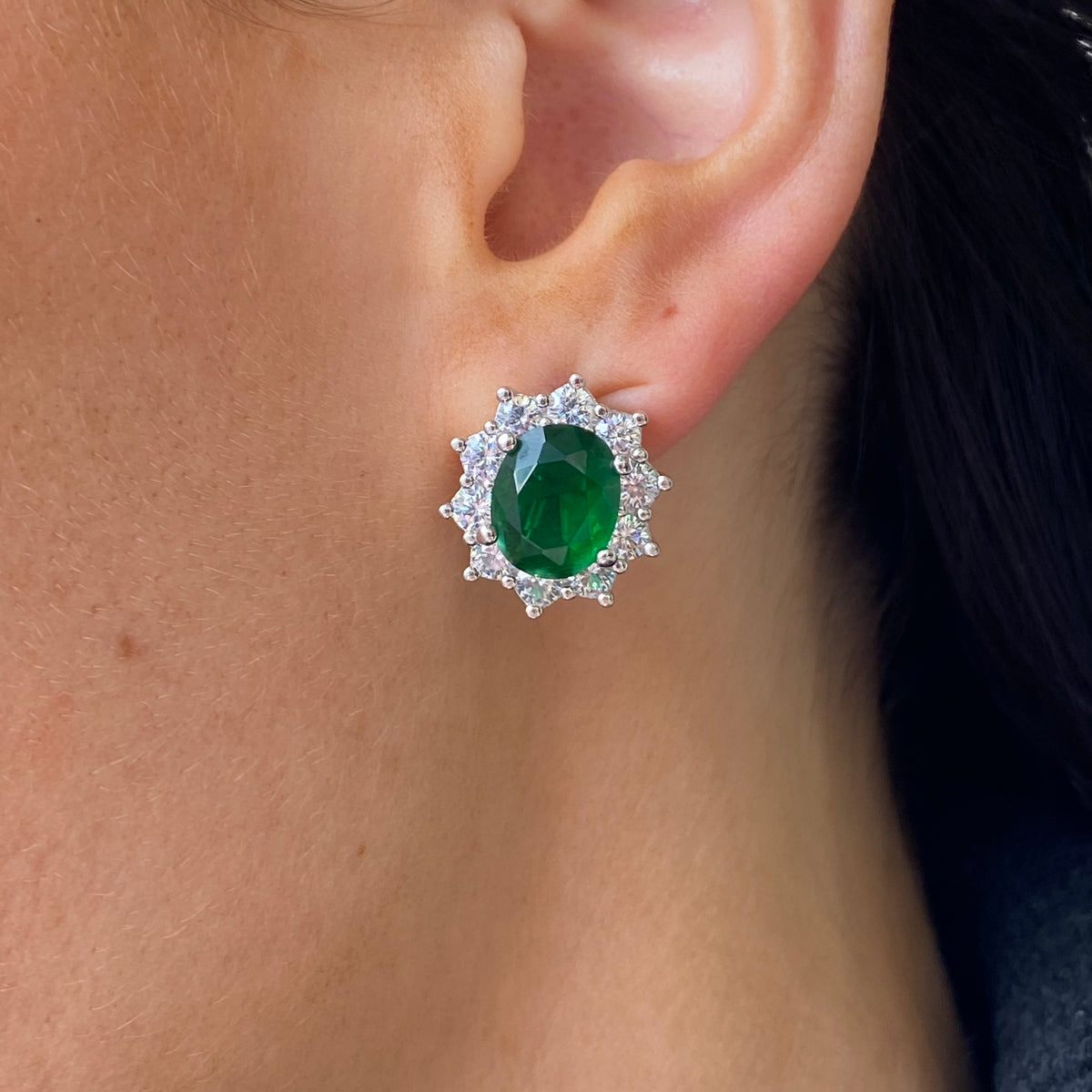 Silver Emerald Green CZ Diana Stud Earrings | 9mm