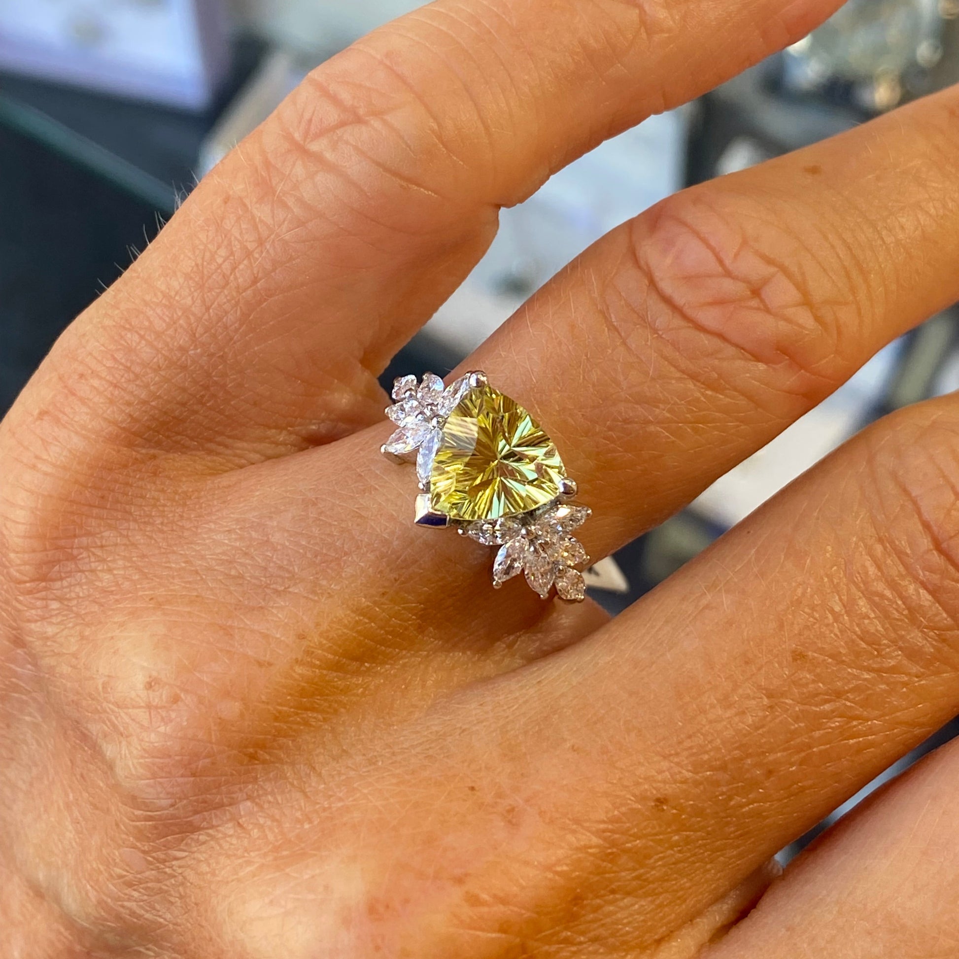 Platinum Prasiolite Trilliant Ring | Certificated Lab - John Ross Jewellers