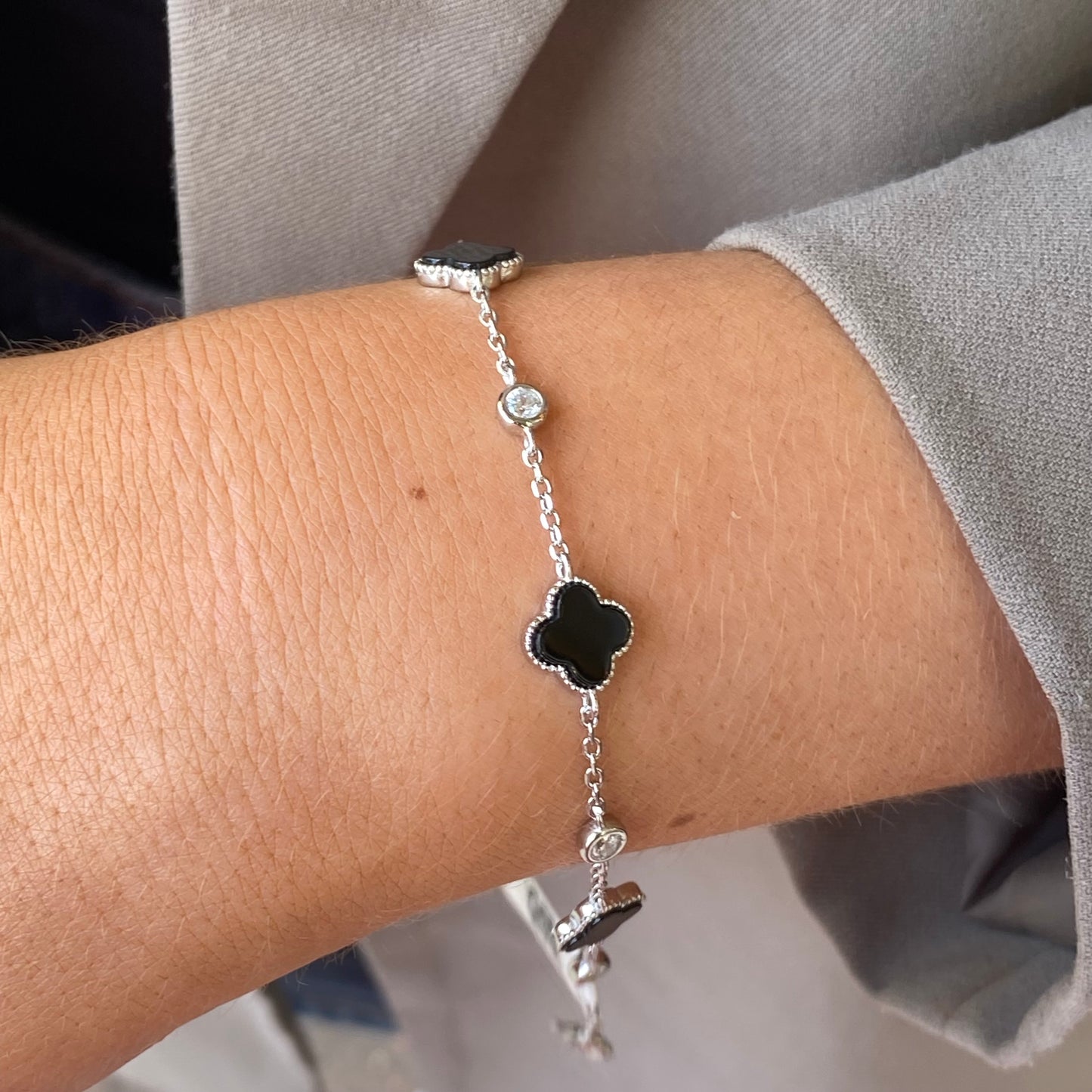 Silver CZ Bracelet | Onyx Quatrefoil