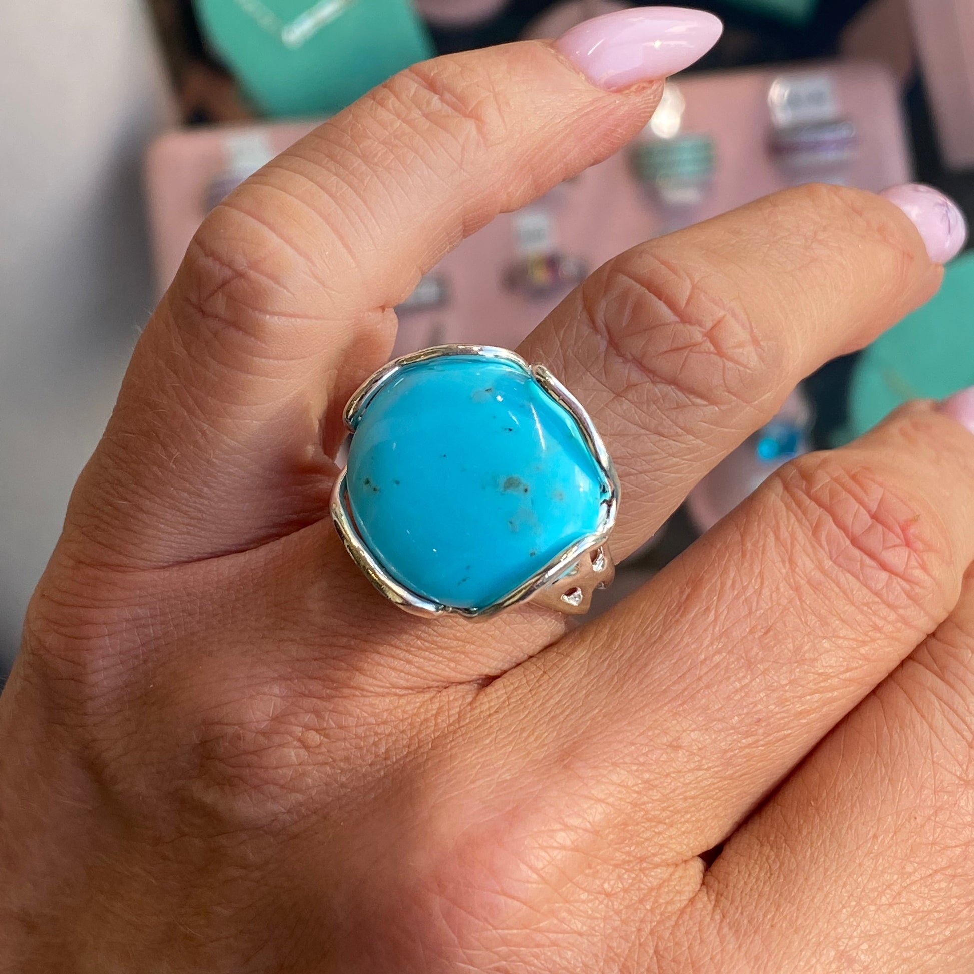 Silver turquoise nugget ring by Bruno featuring a bold turquoise stone set in sterling silver.