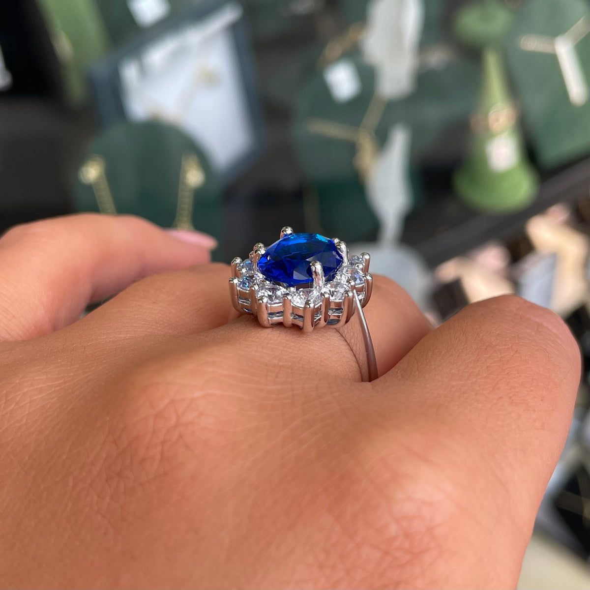 Silver CZ Diana Cluster Ring | Sapphire Blue