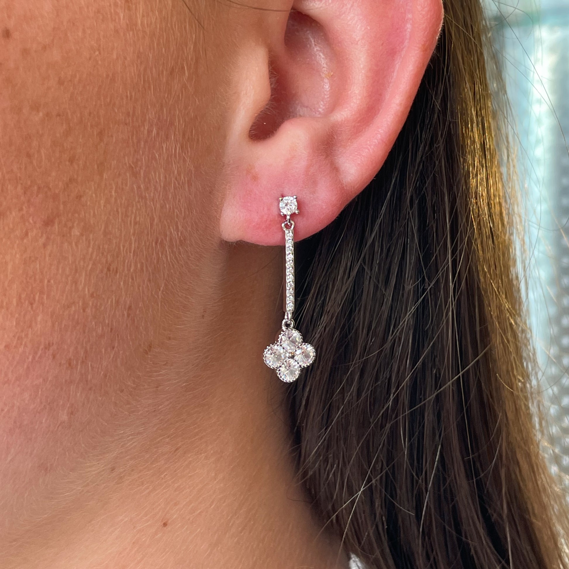 Silver CZ Quatrefoil Drop Earrings - John Ross Jewellers