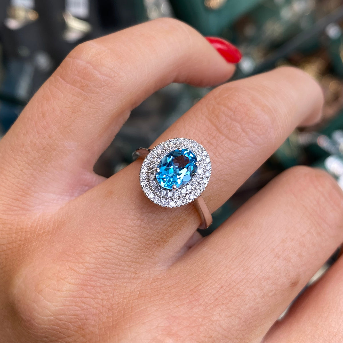 9ct White Gold Sky Blue Topaz & Diamond Ring