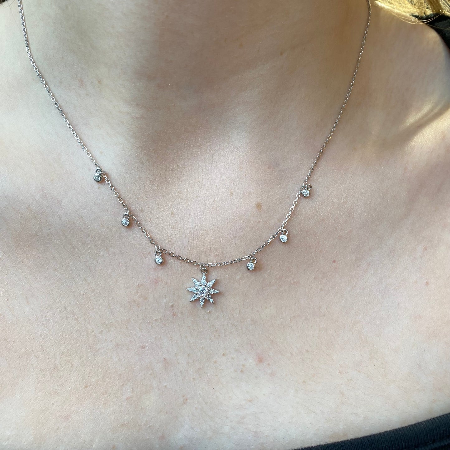 Silver CZ Star Fringe Necklace