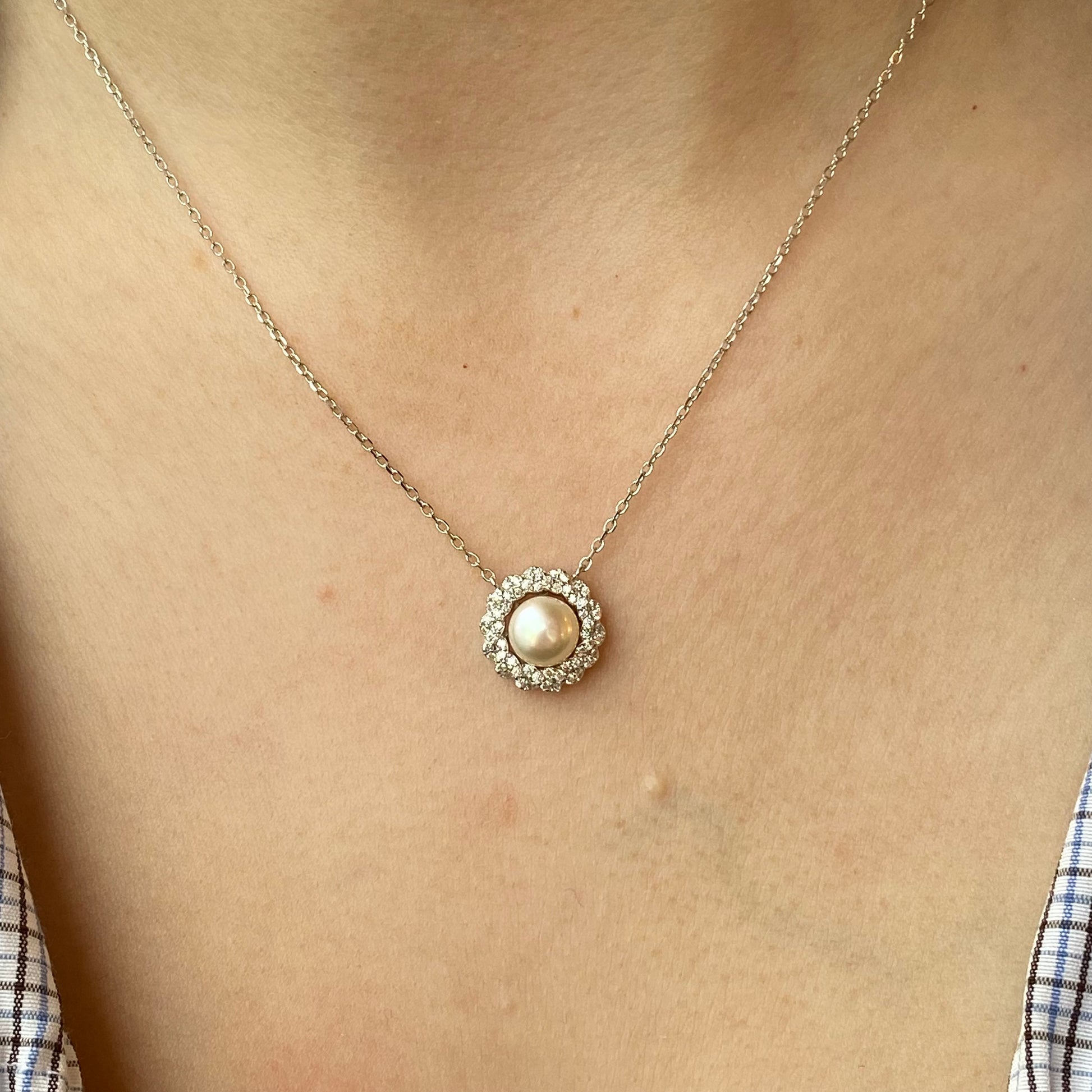 Silver 7mm Freshwater Pearl & CZ necklace | 42+3cm - John Ross Jewellers